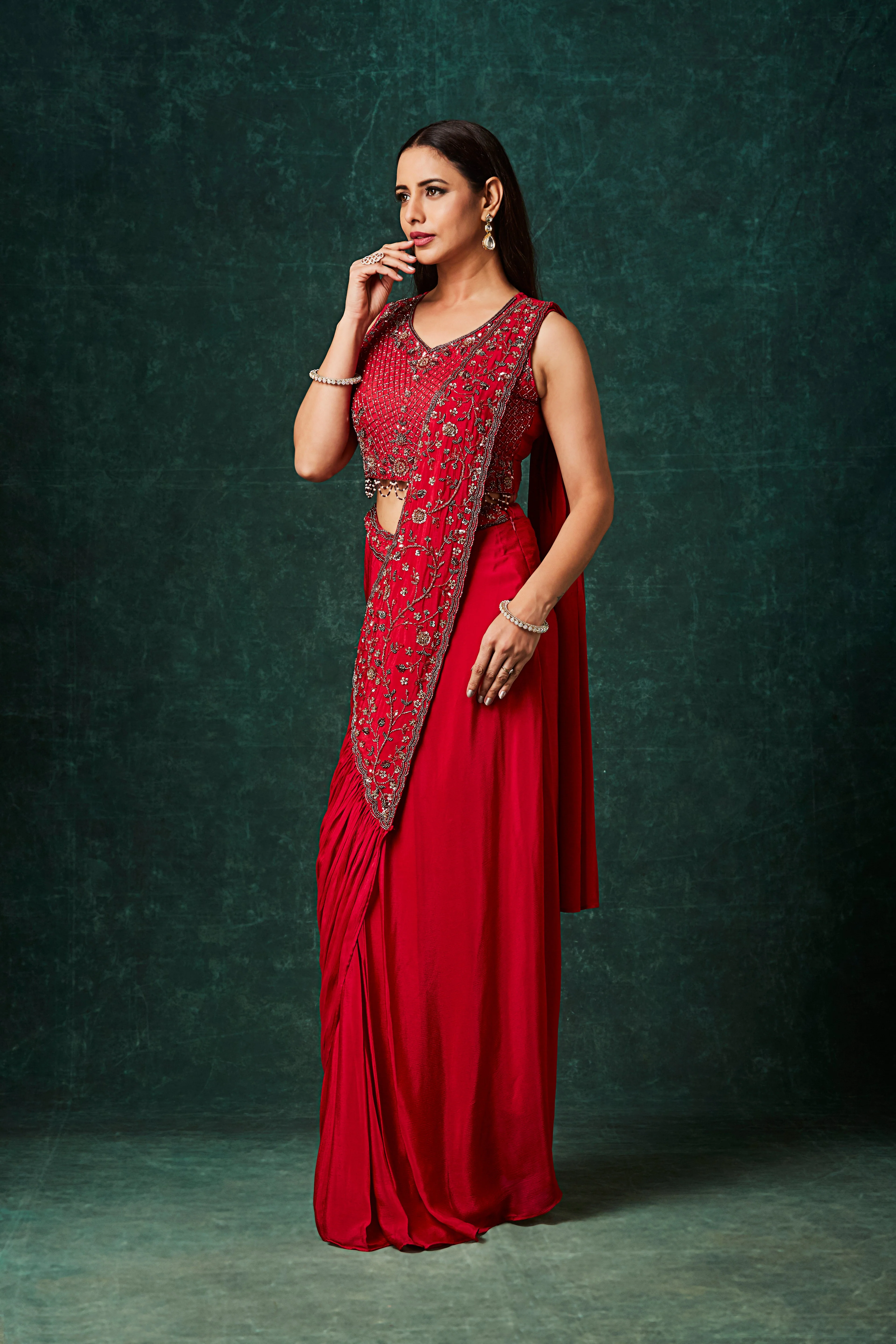 Rich Red Embellished Crepe Silk Drape Saree - Image 3