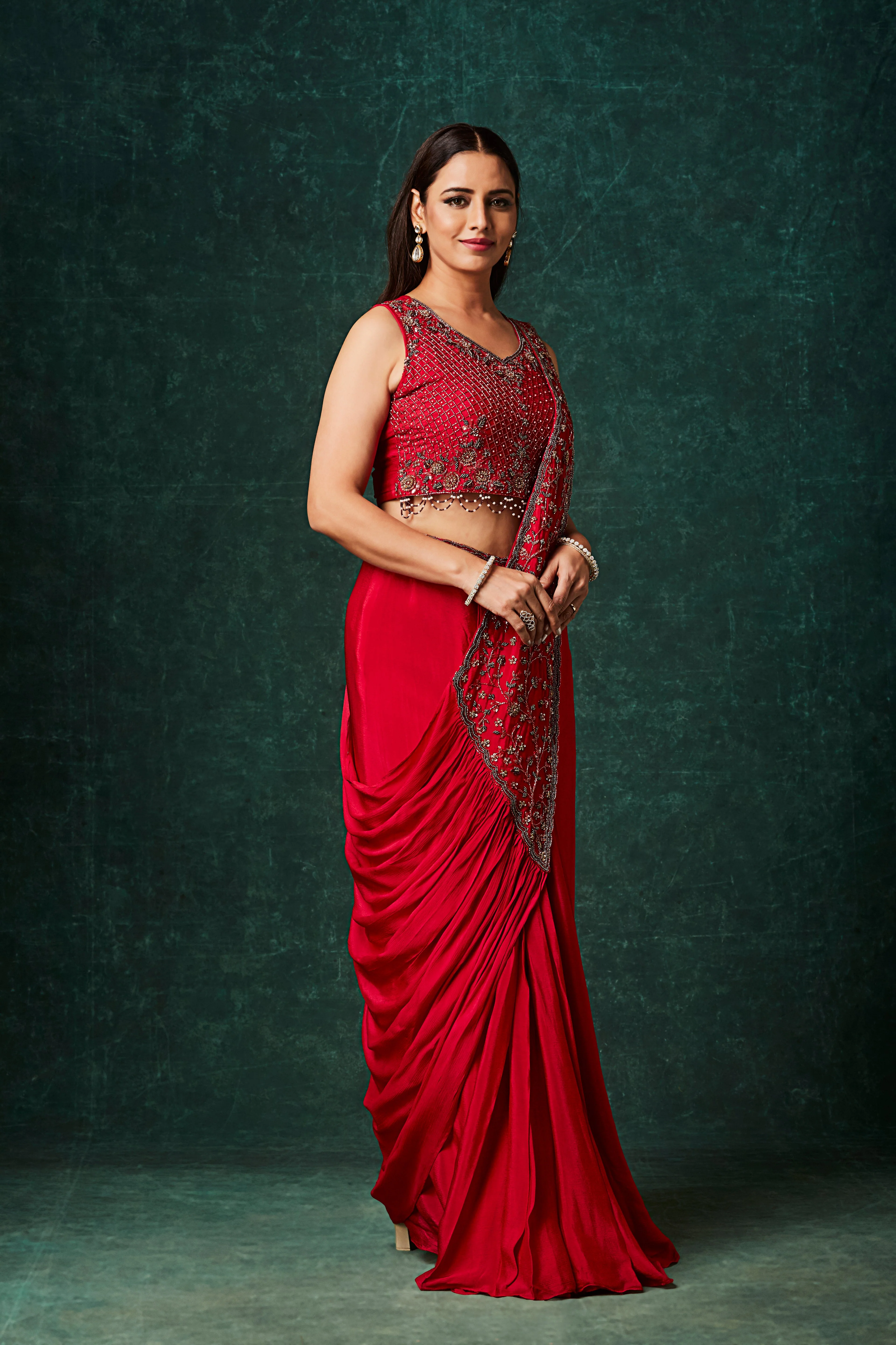Rich Red Embellished Crepe Silk Drape Saree - Image 4