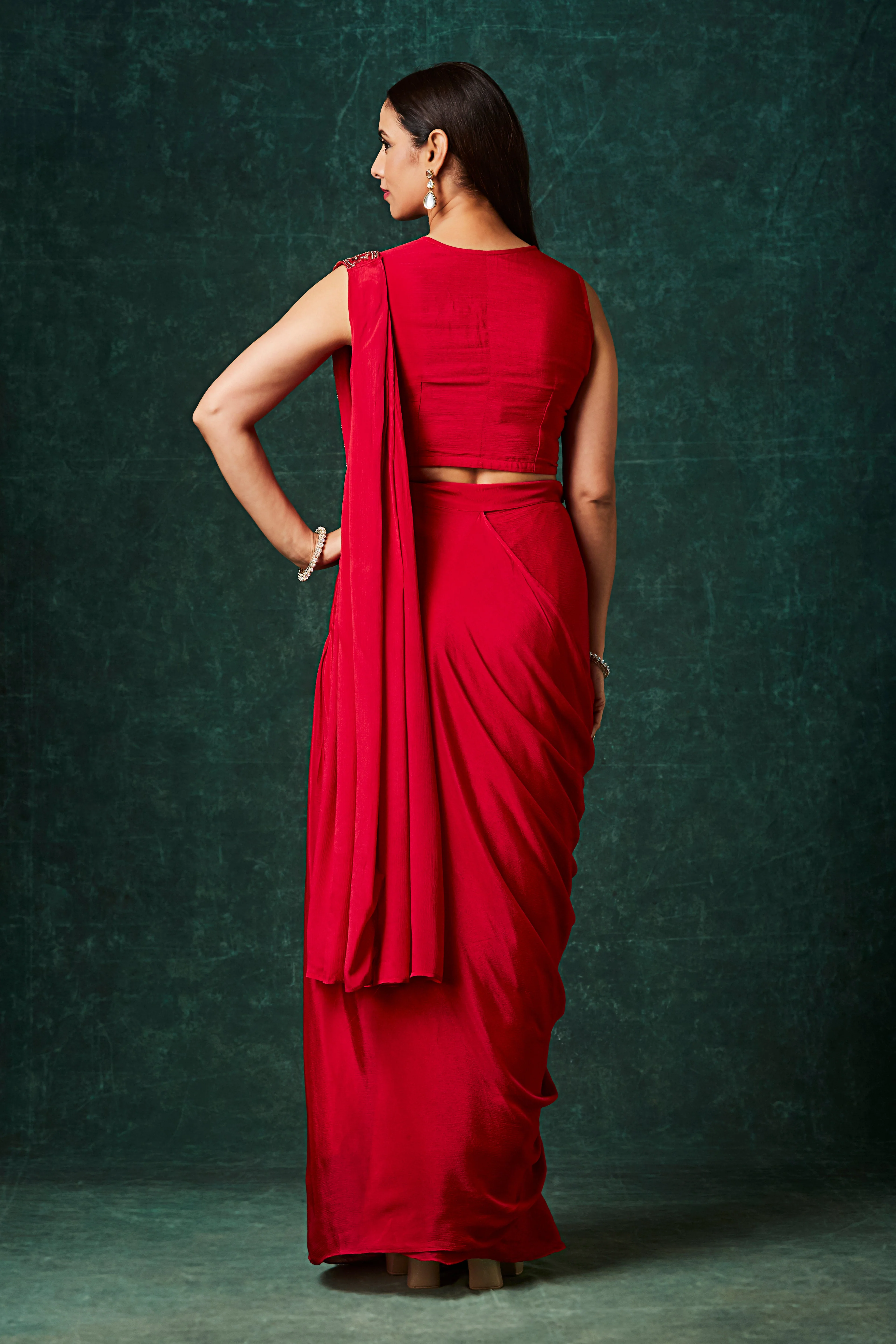 Rich Red Embellished Crepe Silk Drape Saree - Image 5