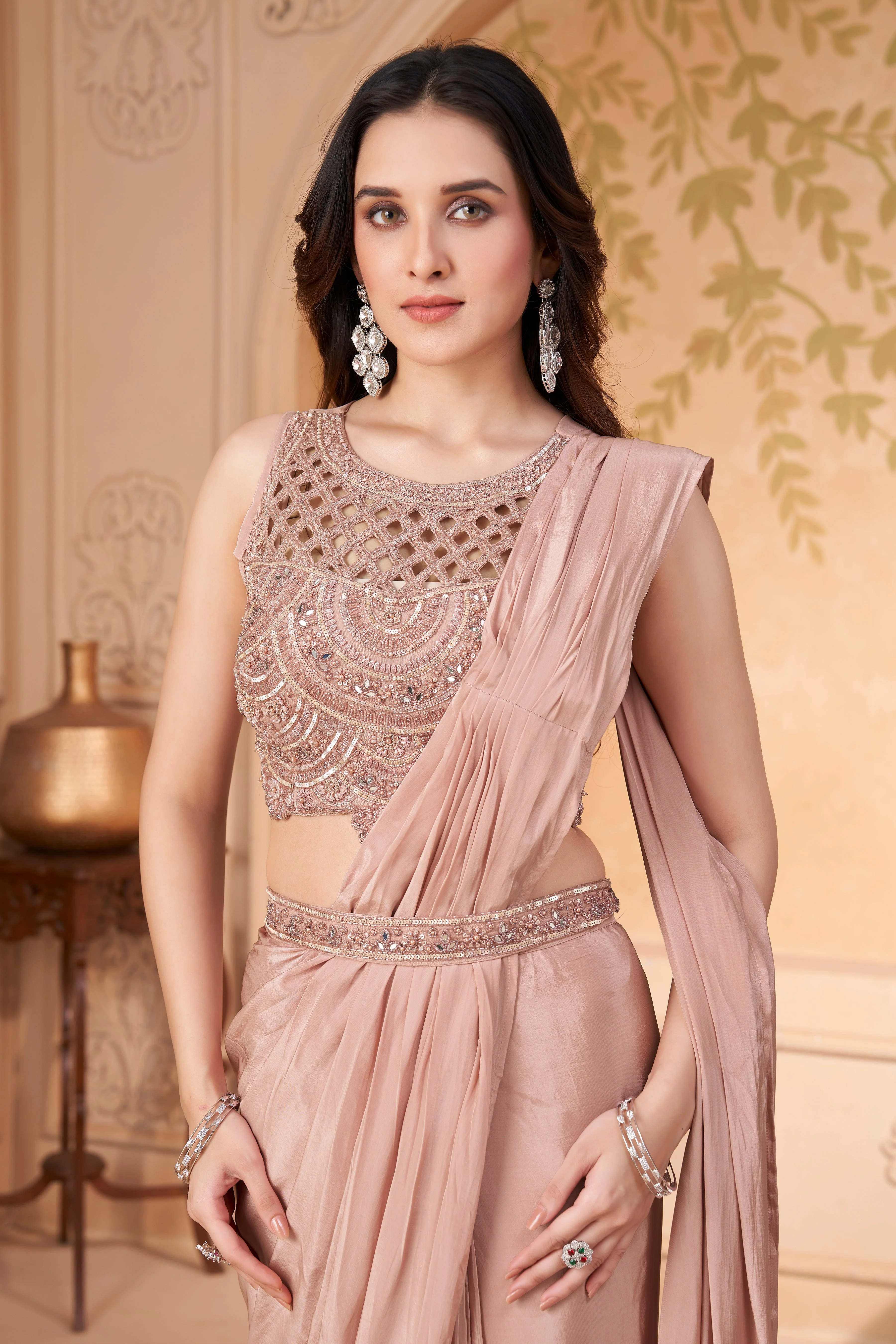 Blush Pink Embellished Crepe Silk Drape Saree - Image 2