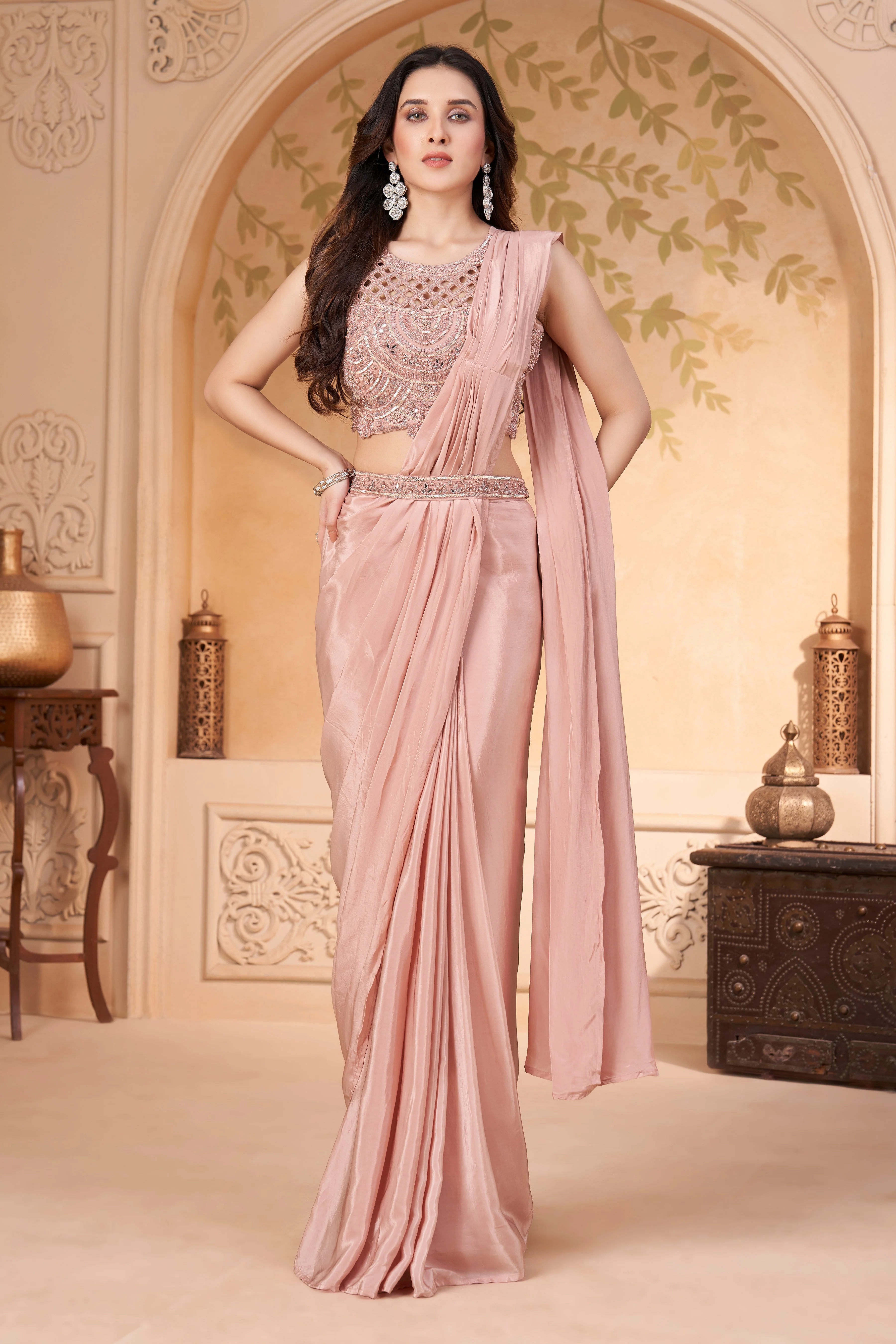 Blush Pink Embellished Crepe Silk Drape Saree - Image 3