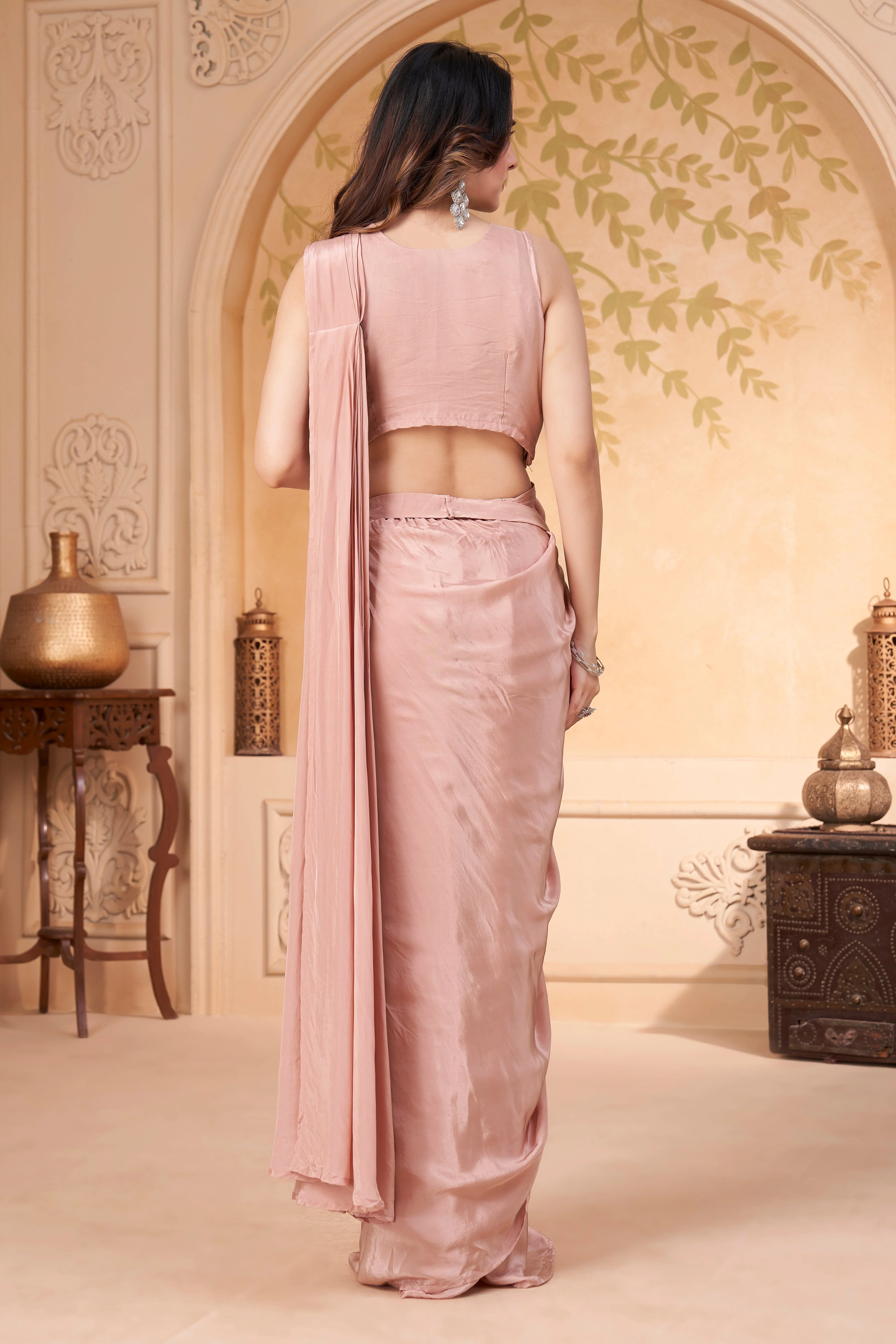 Blush Pink Embellished Crepe Silk Drape Saree - Image 4