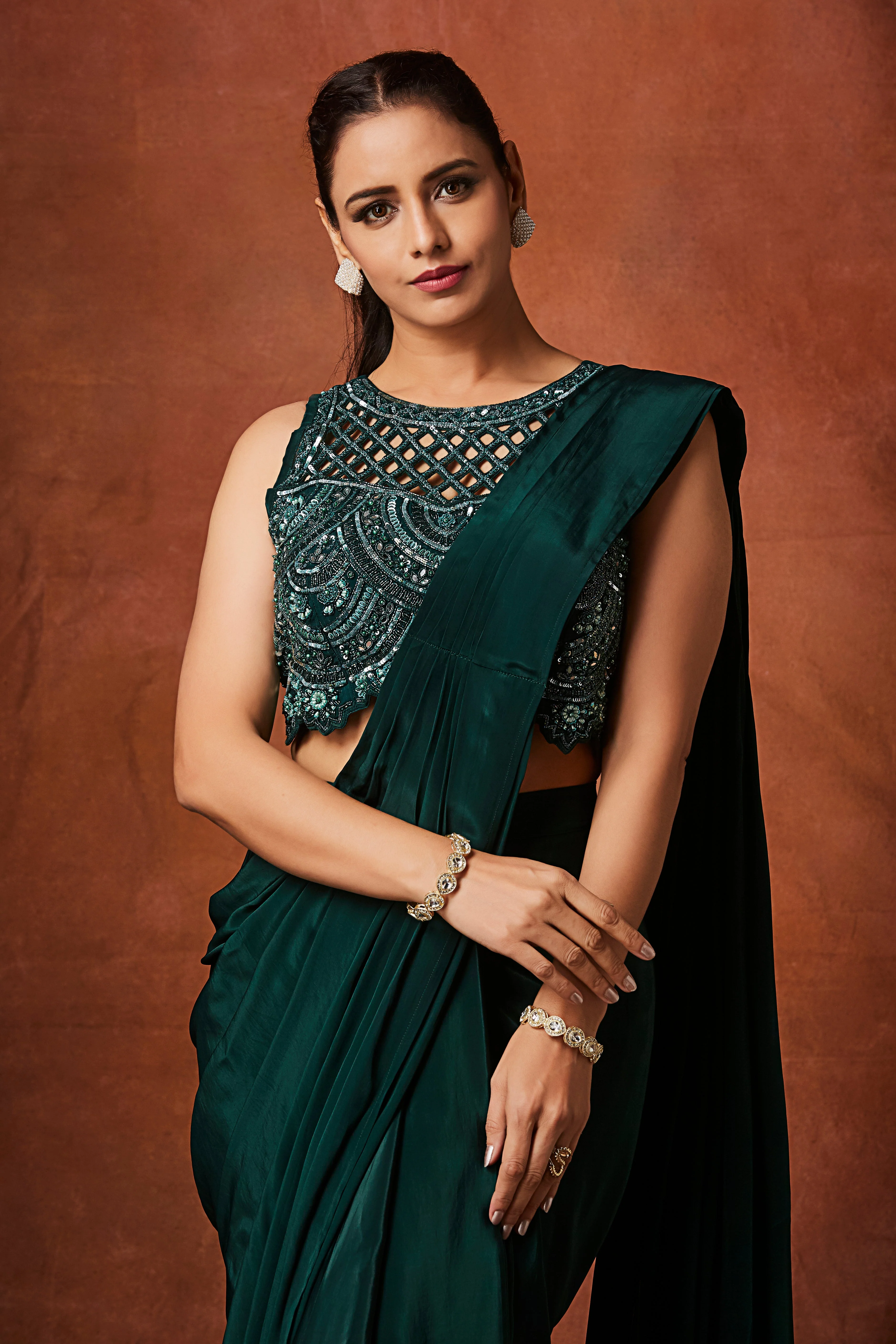 Leaf Green Embellished Crepe Silk Drape Saree - Image 2