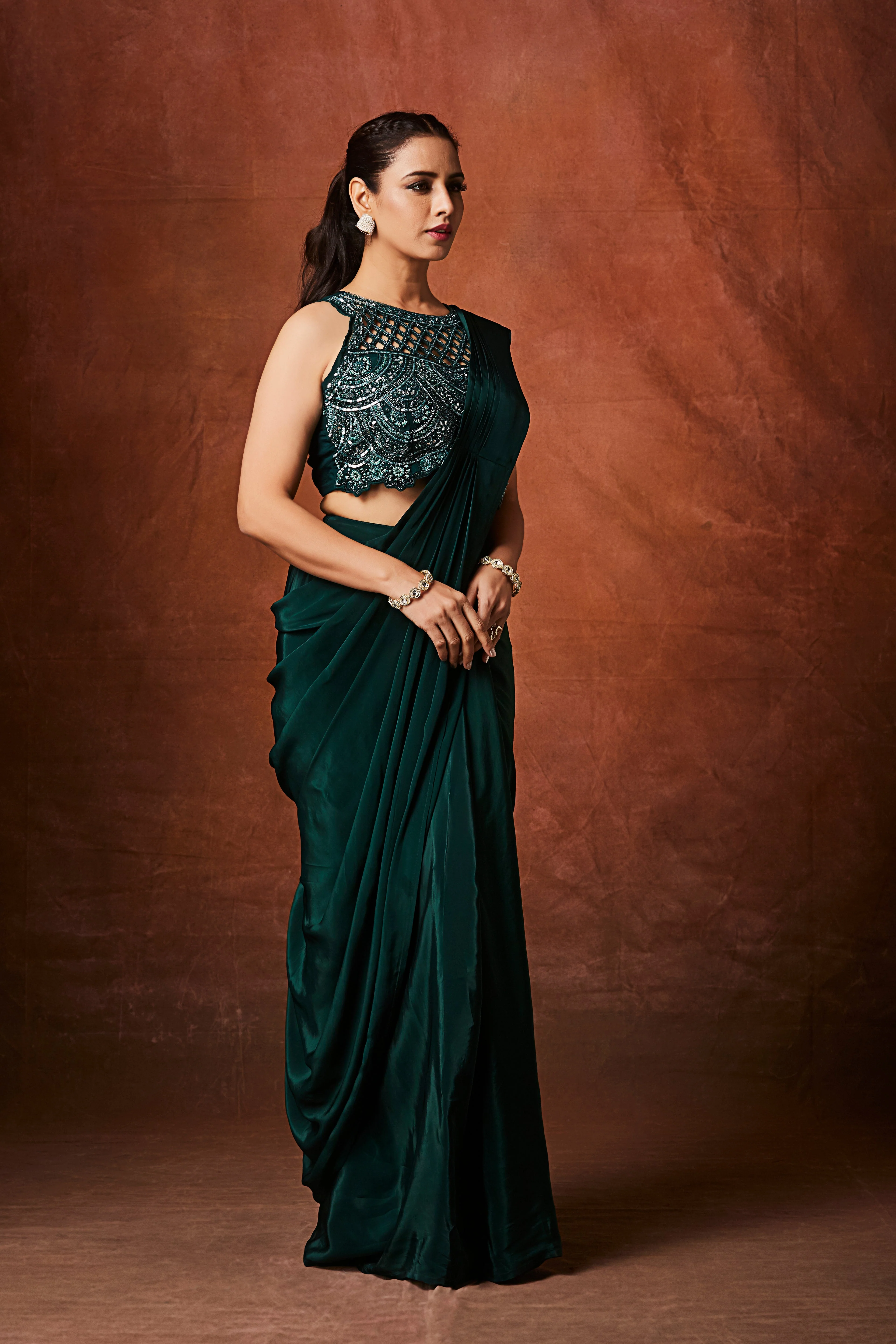 Leaf Green Embellished Crepe Silk Drape Saree - Image 4