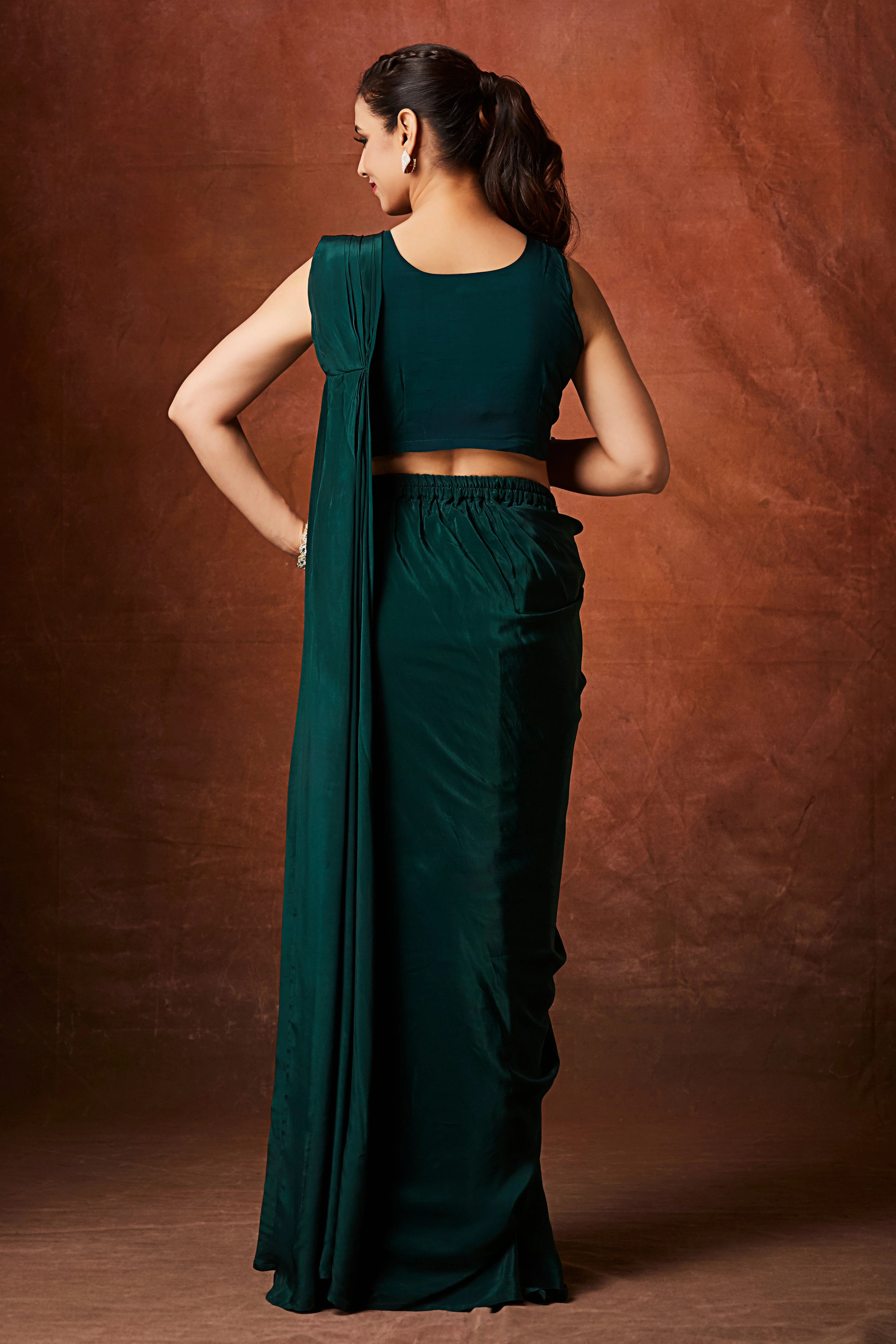 Leaf Green Embellished Crepe Silk Drape Saree - Image 6