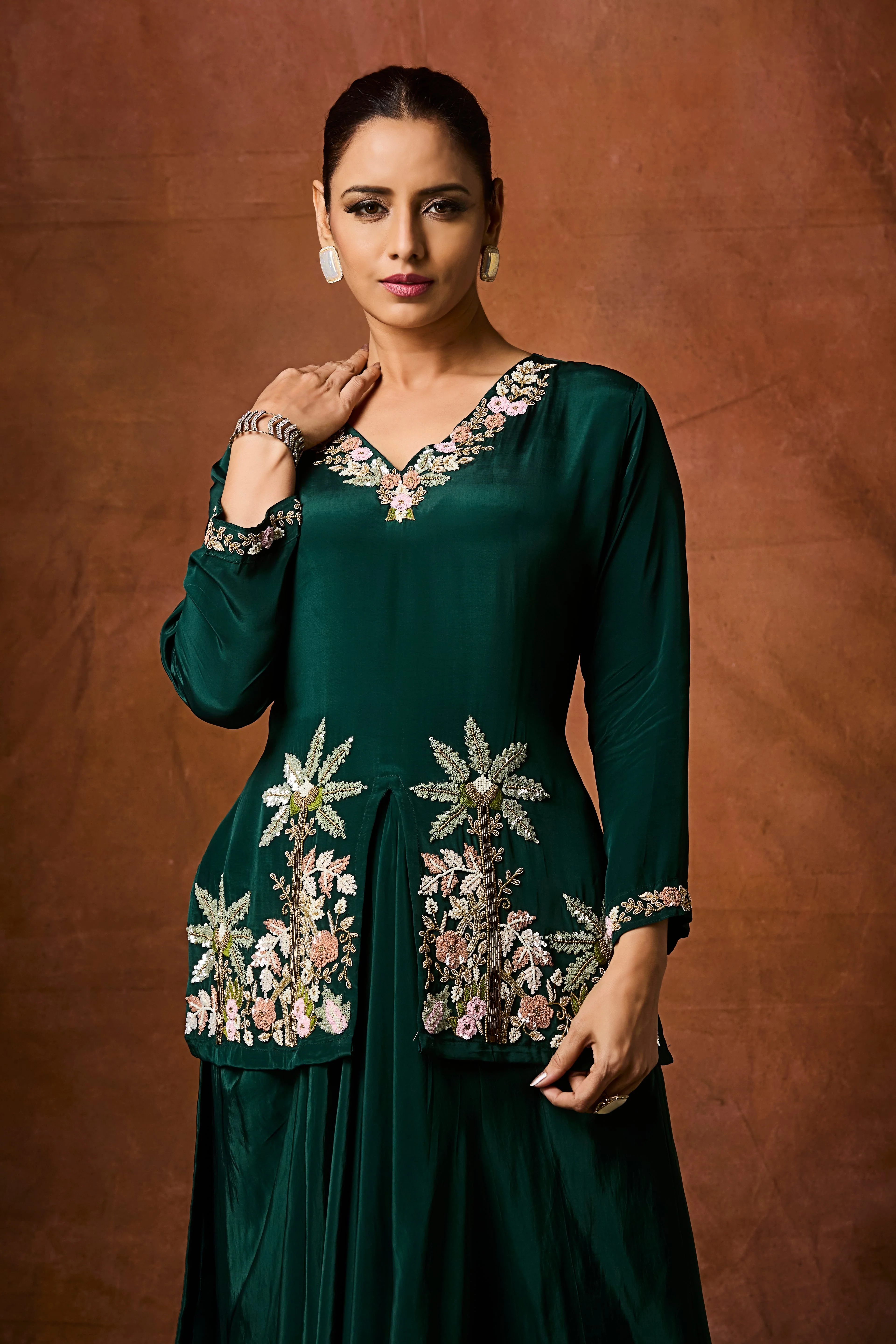 Forest Green Embellished Crepe Silk Skirt Set - Image 2
