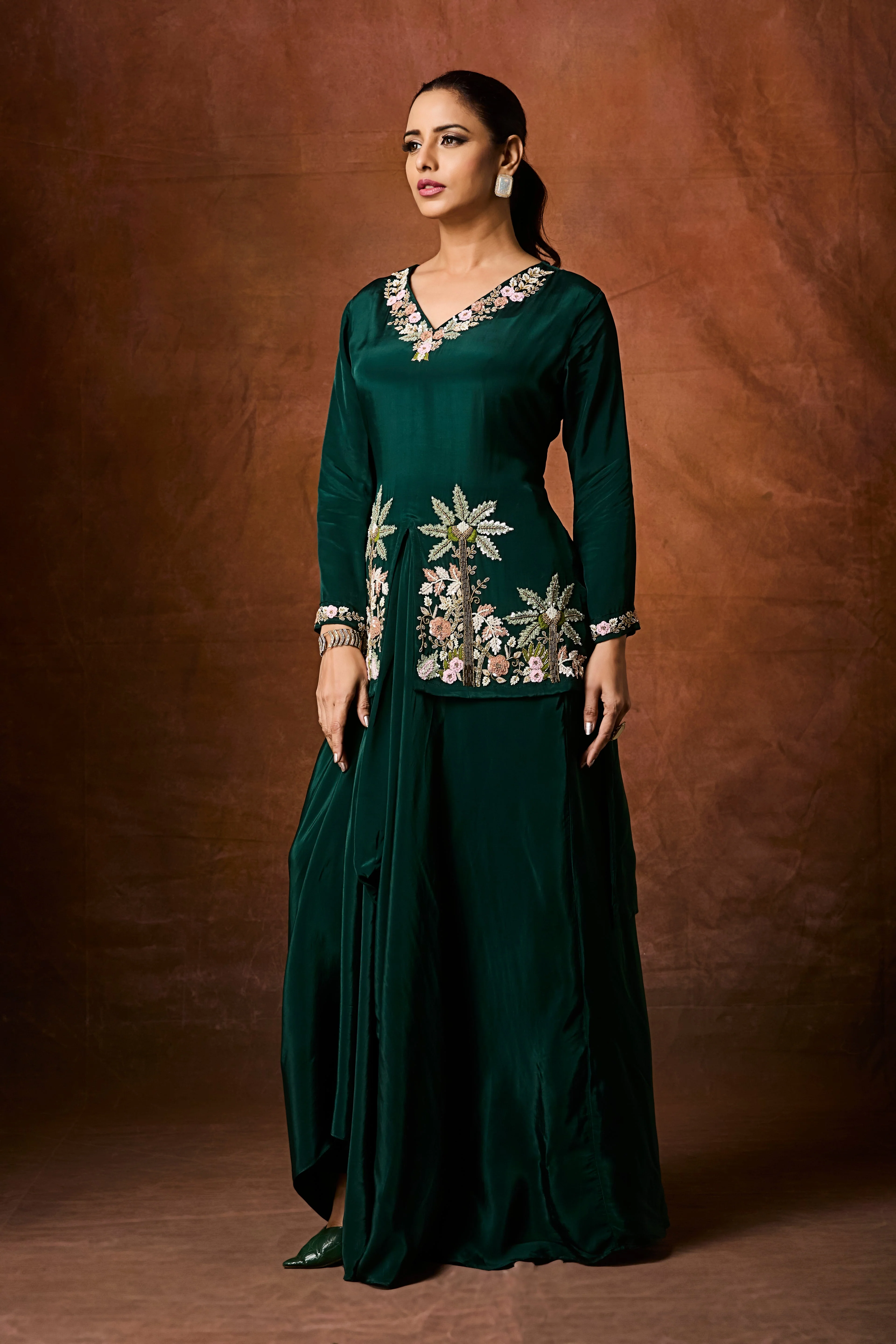 Forest Green Embellished Crepe Silk Skirt Set - Image 3