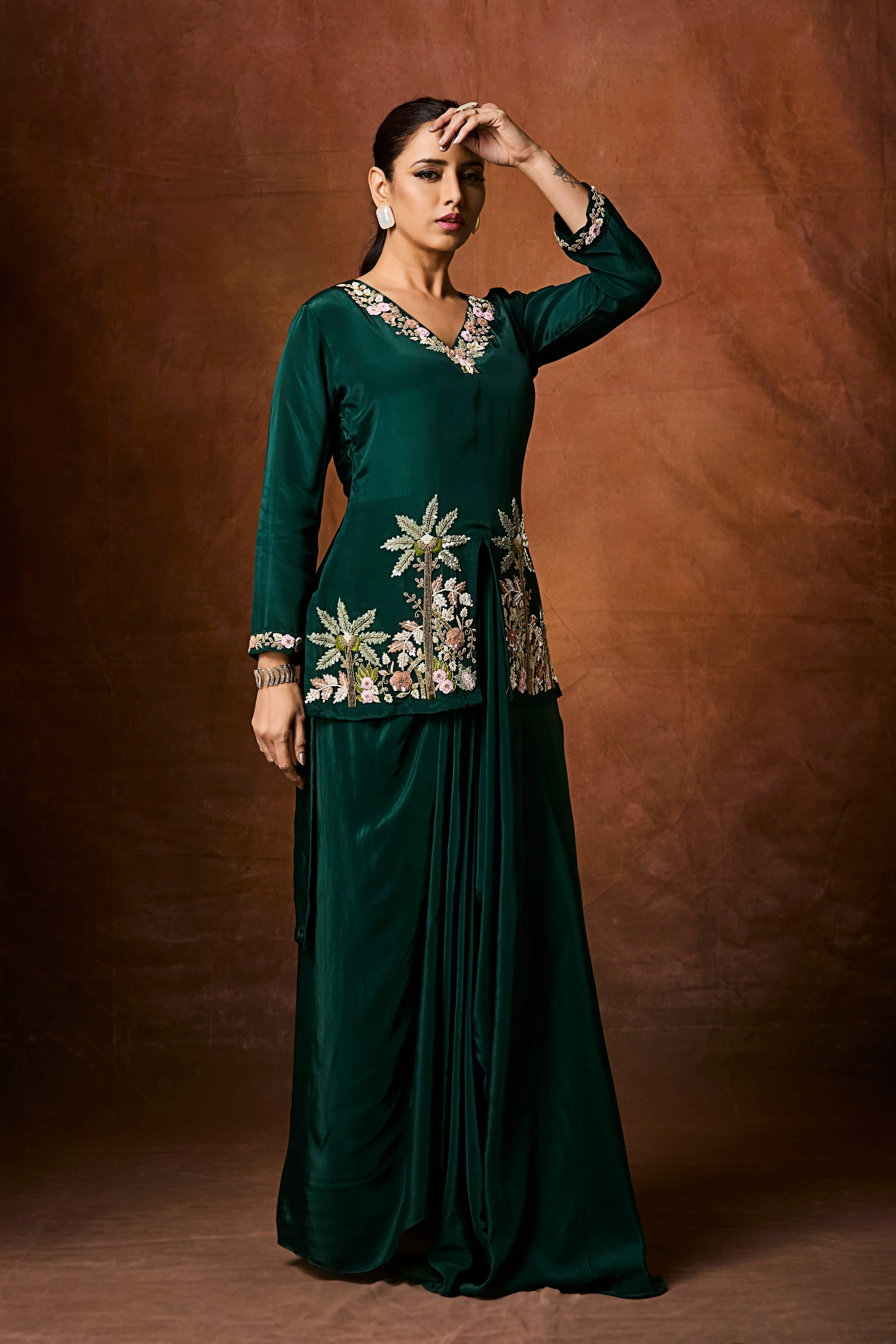 Forest Green Embellished Crepe Silk Skirt Set - Image 4