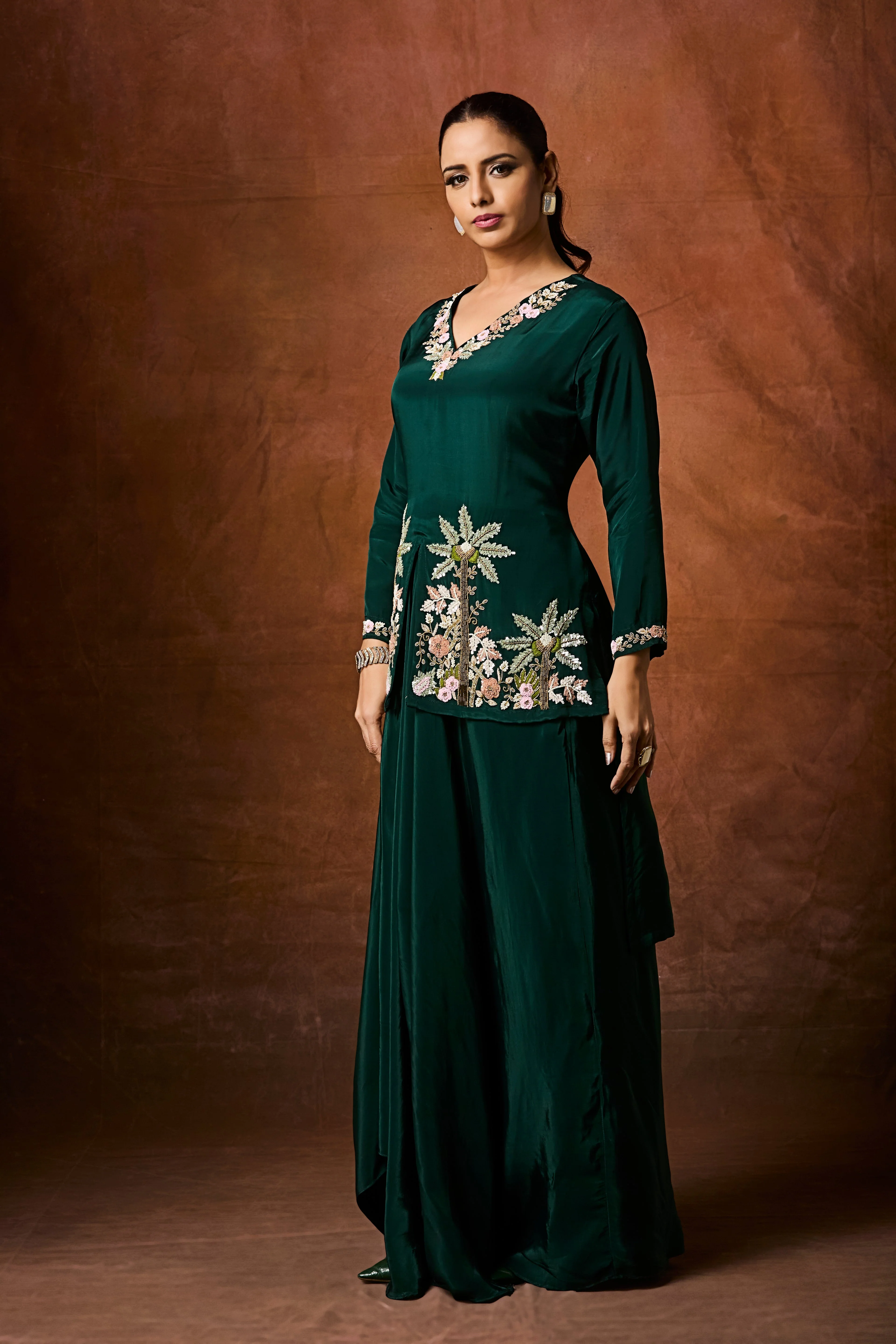 Forest Green Embellished Crepe Silk Skirt Set - Image 5