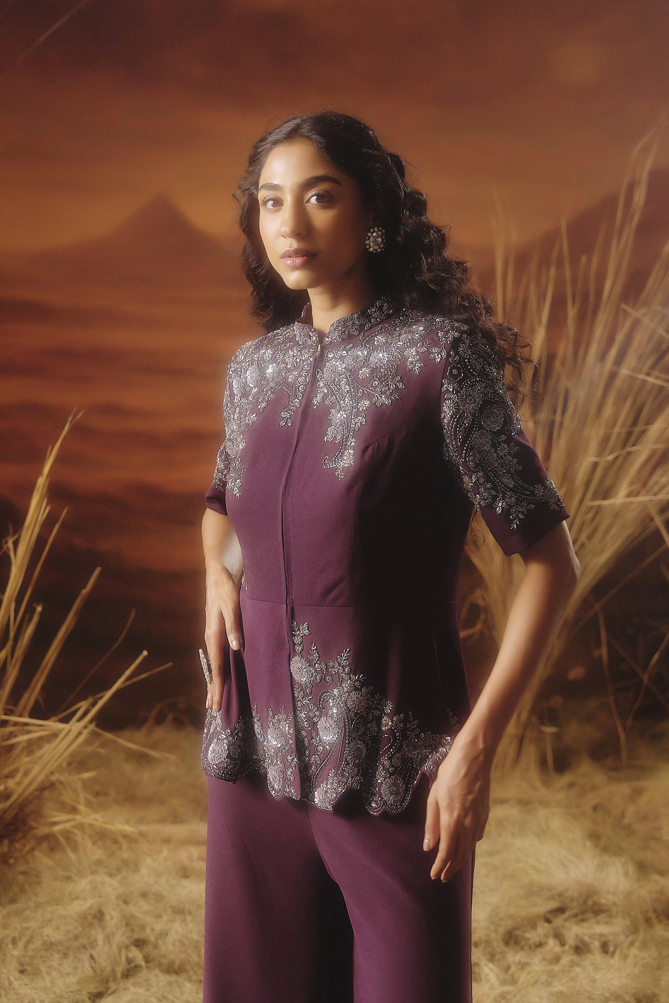 Wine Purple Embellished Premium Silk Co-Ord Set - Image 3