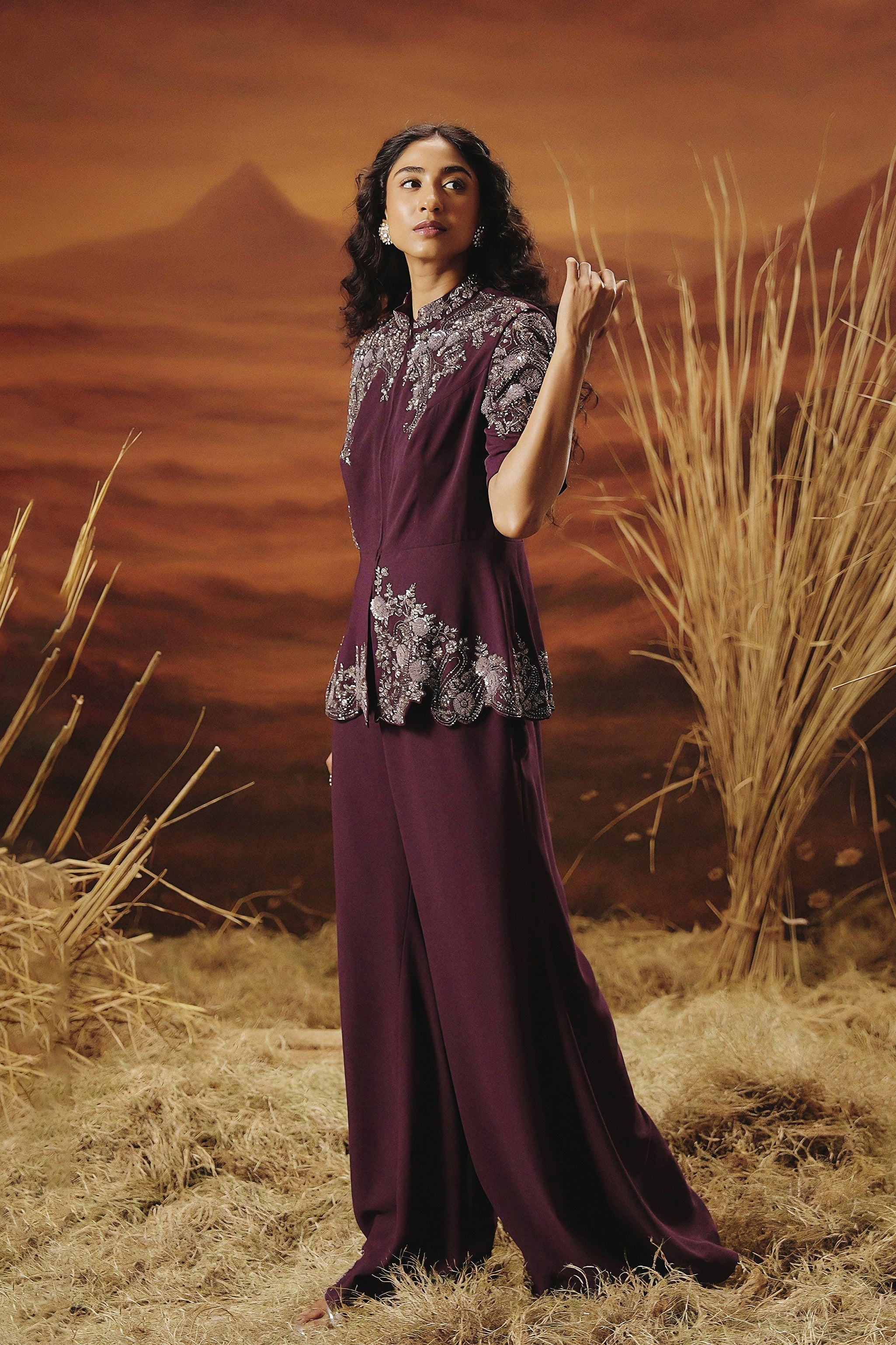 Wine Purple Embellished Premium Silk Co-Ord Set - Image 4