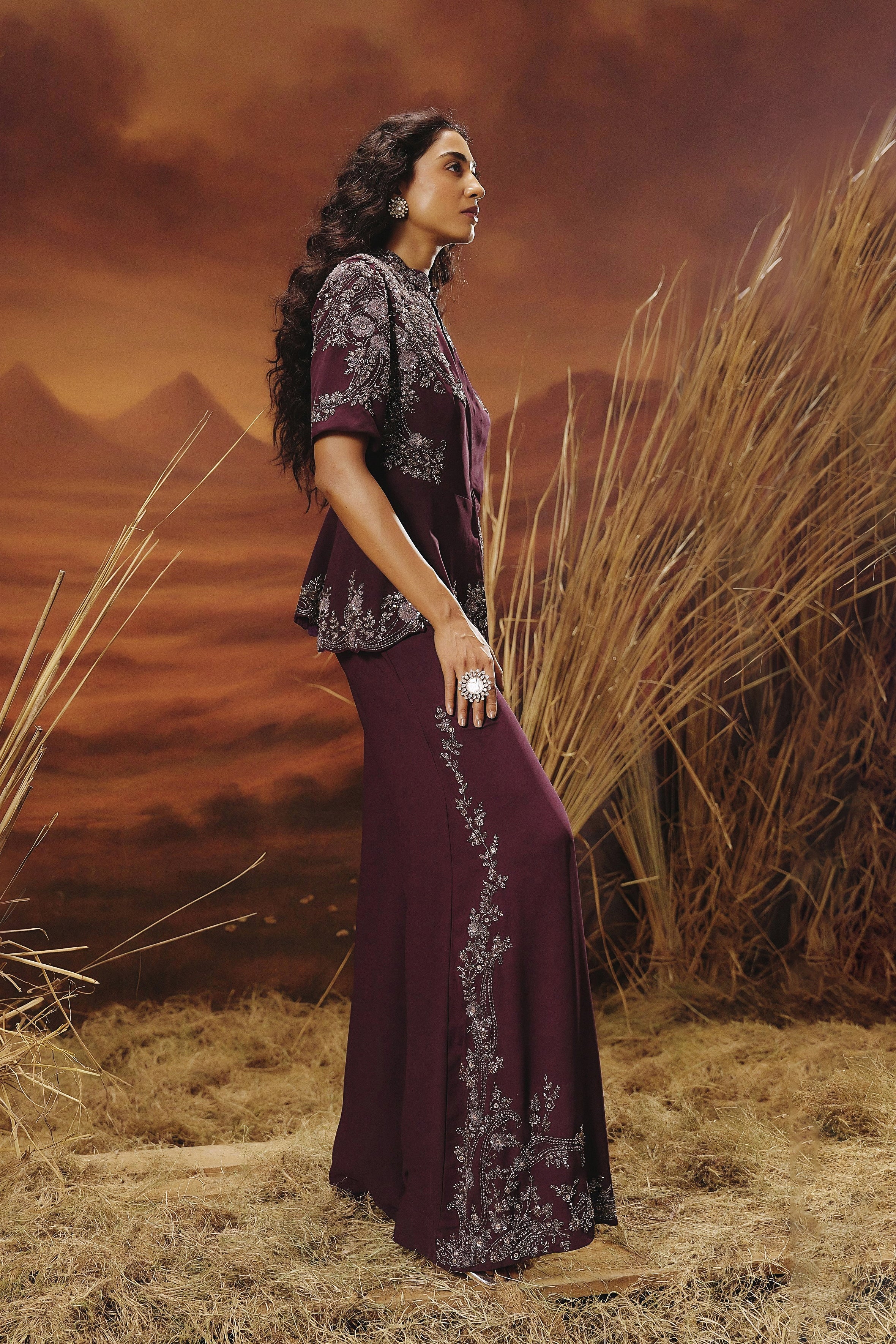 Wine Purple Embellished Premium Silk Co-Ord Set - Image 5