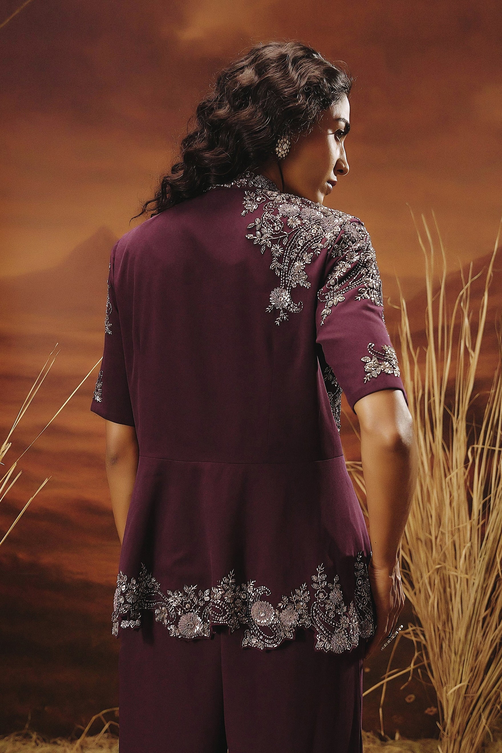 Wine Purple Embellished Premium Silk Co-Ord Set - Image 6