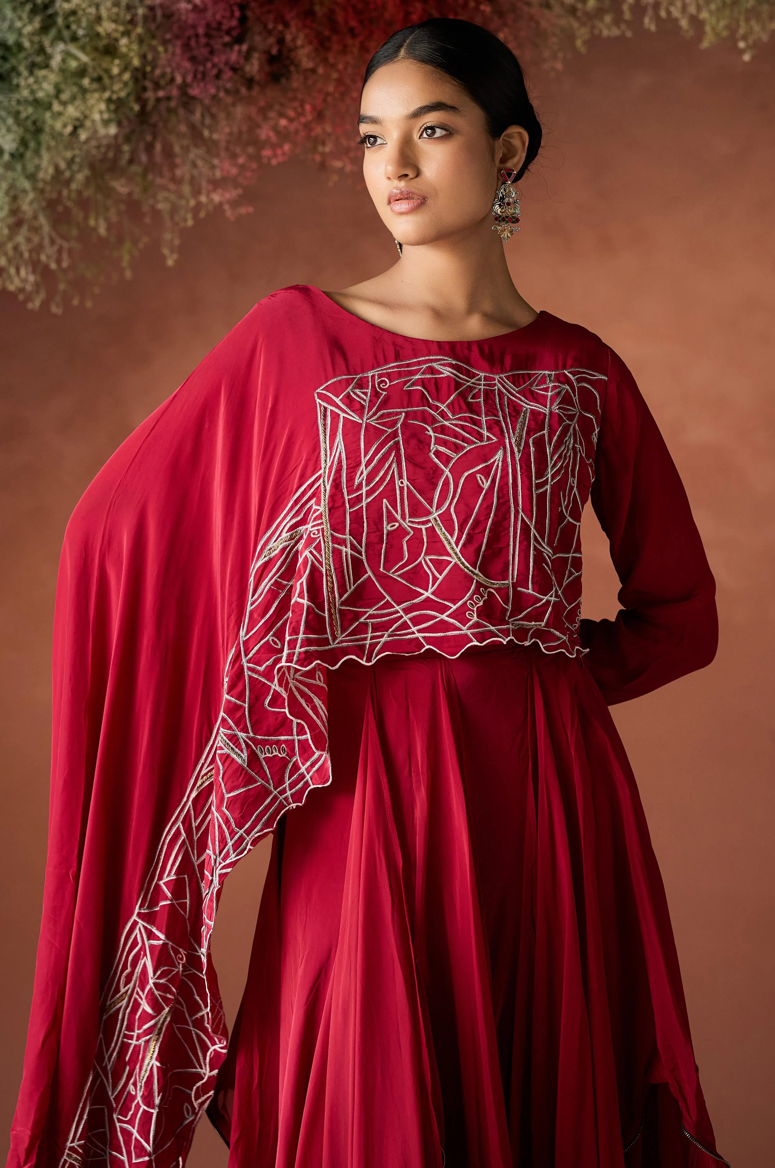 Wine Red Embellished Georgette Silk Skirt Set - Image 3