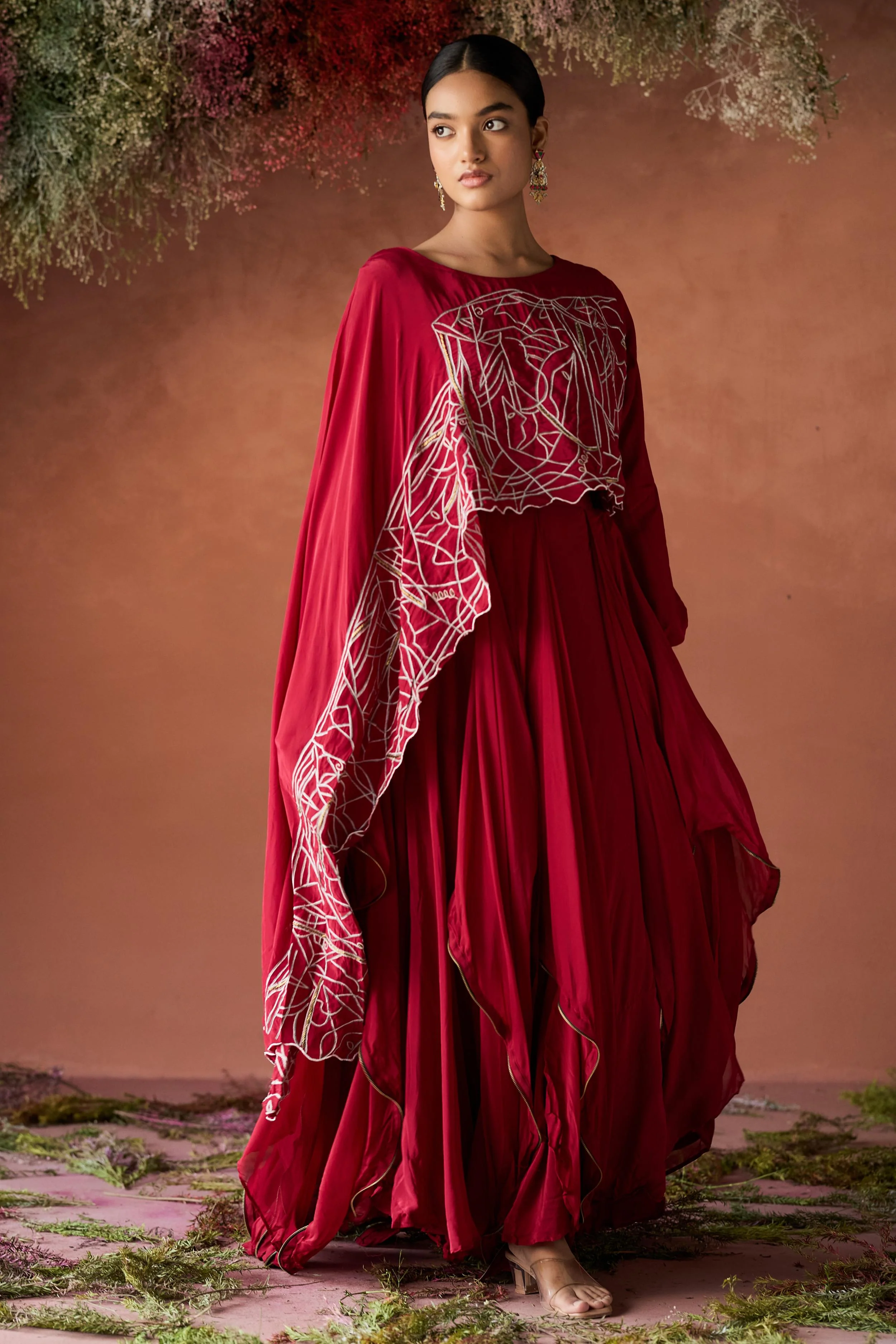 Wine Red Embellished Georgette Silk Skirt Set - Image 4