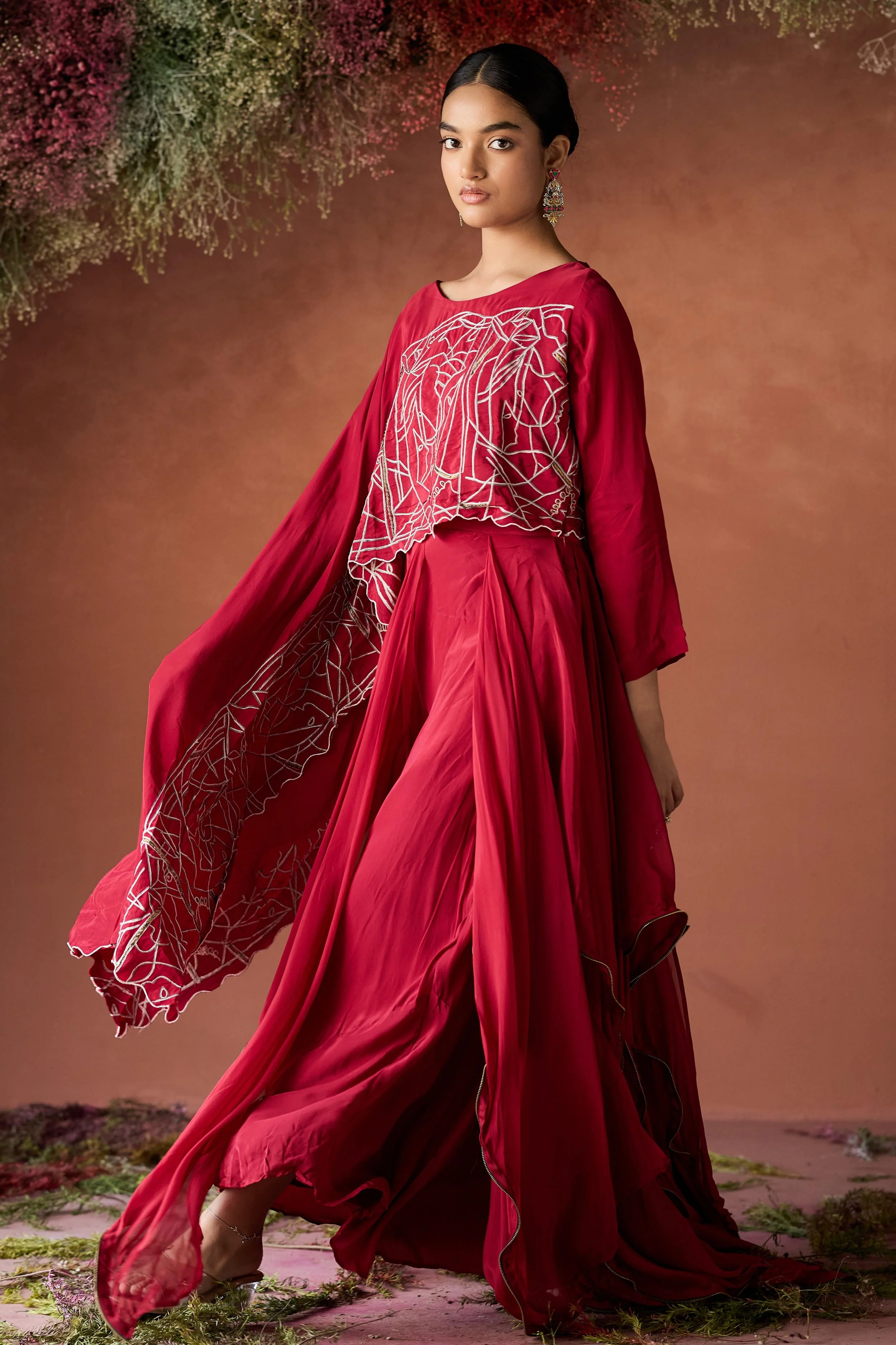 Wine Red Embellished Georgette Silk Skirt Set - Image 5