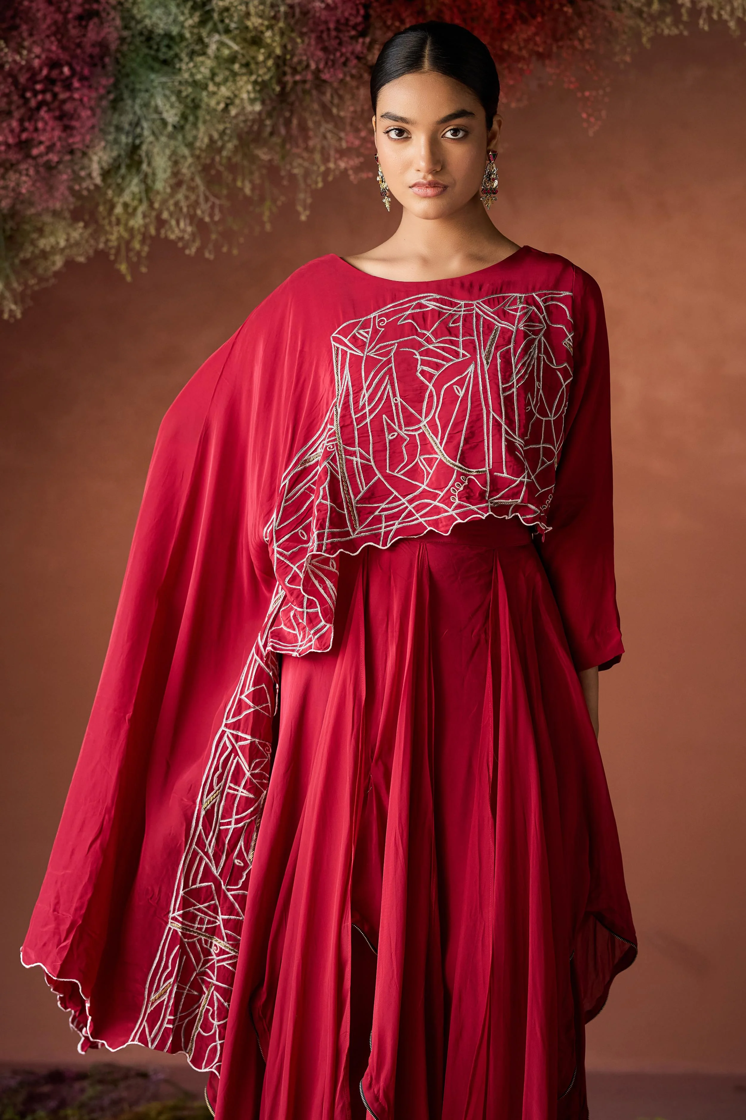 Wine Red Embellished Georgette Silk Skirt Set - Image 6