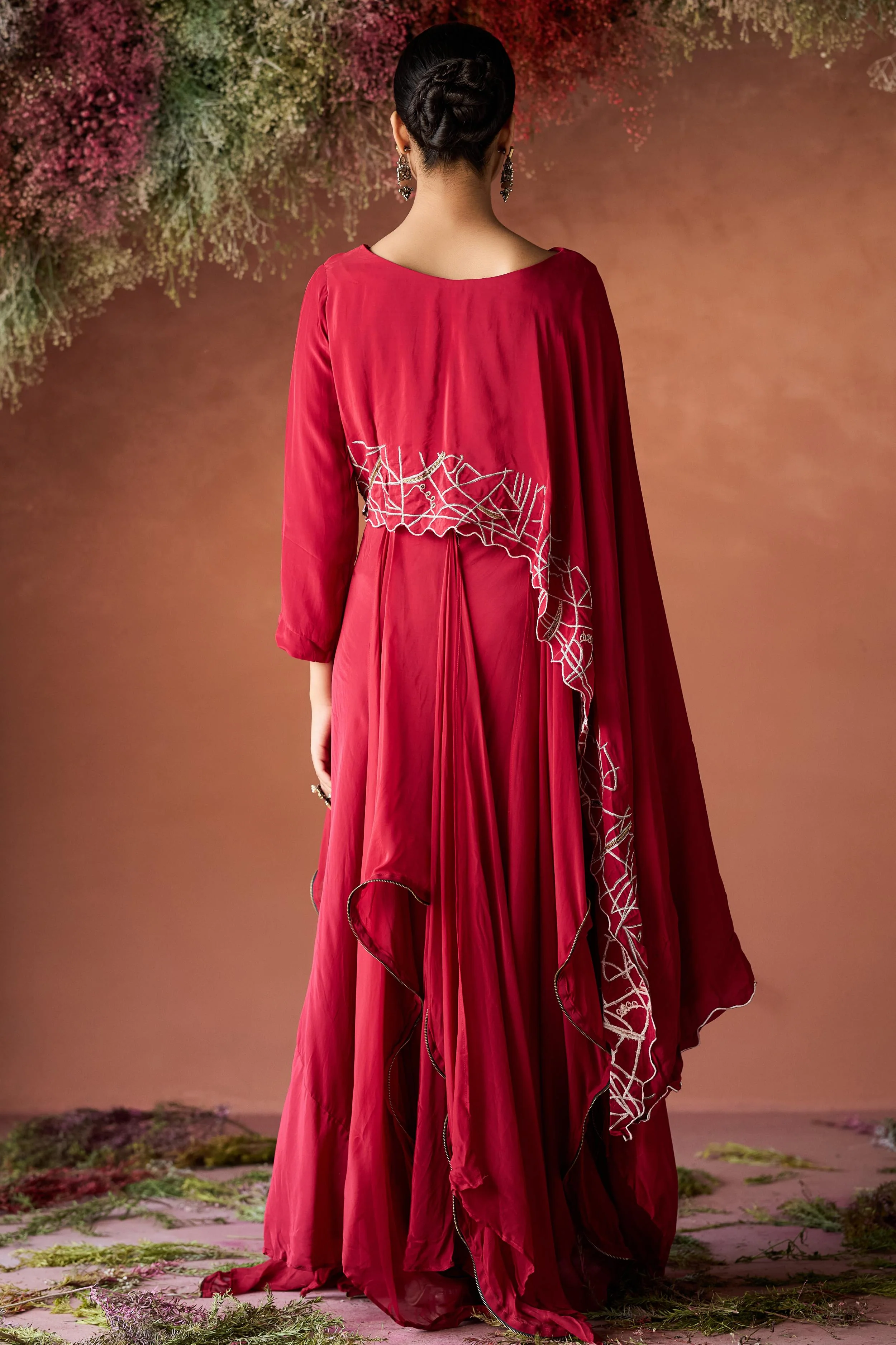 Wine Red Embellished Georgette Silk Skirt Set - Image 7