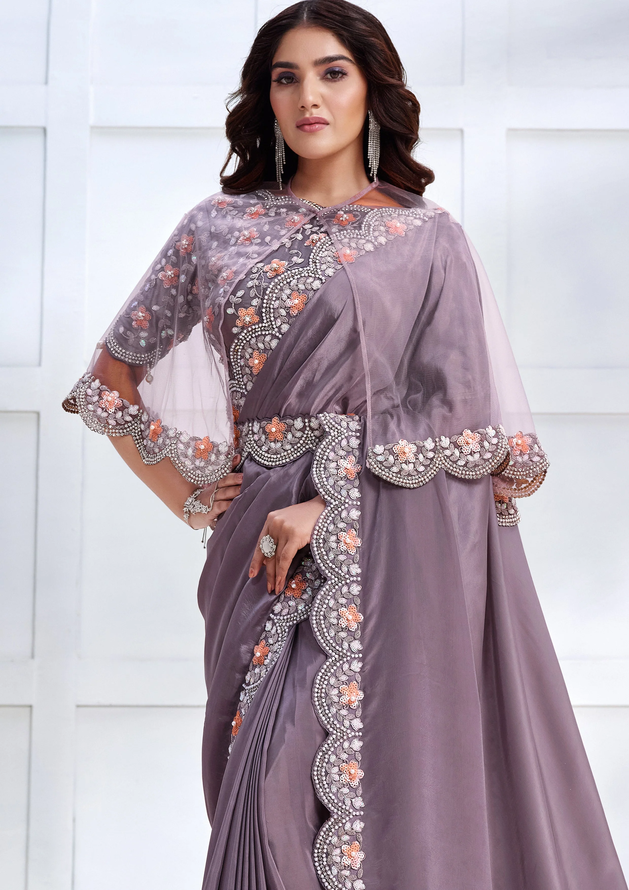 Wisteria Embellished Crepe Satin Silk Saree - Image 4