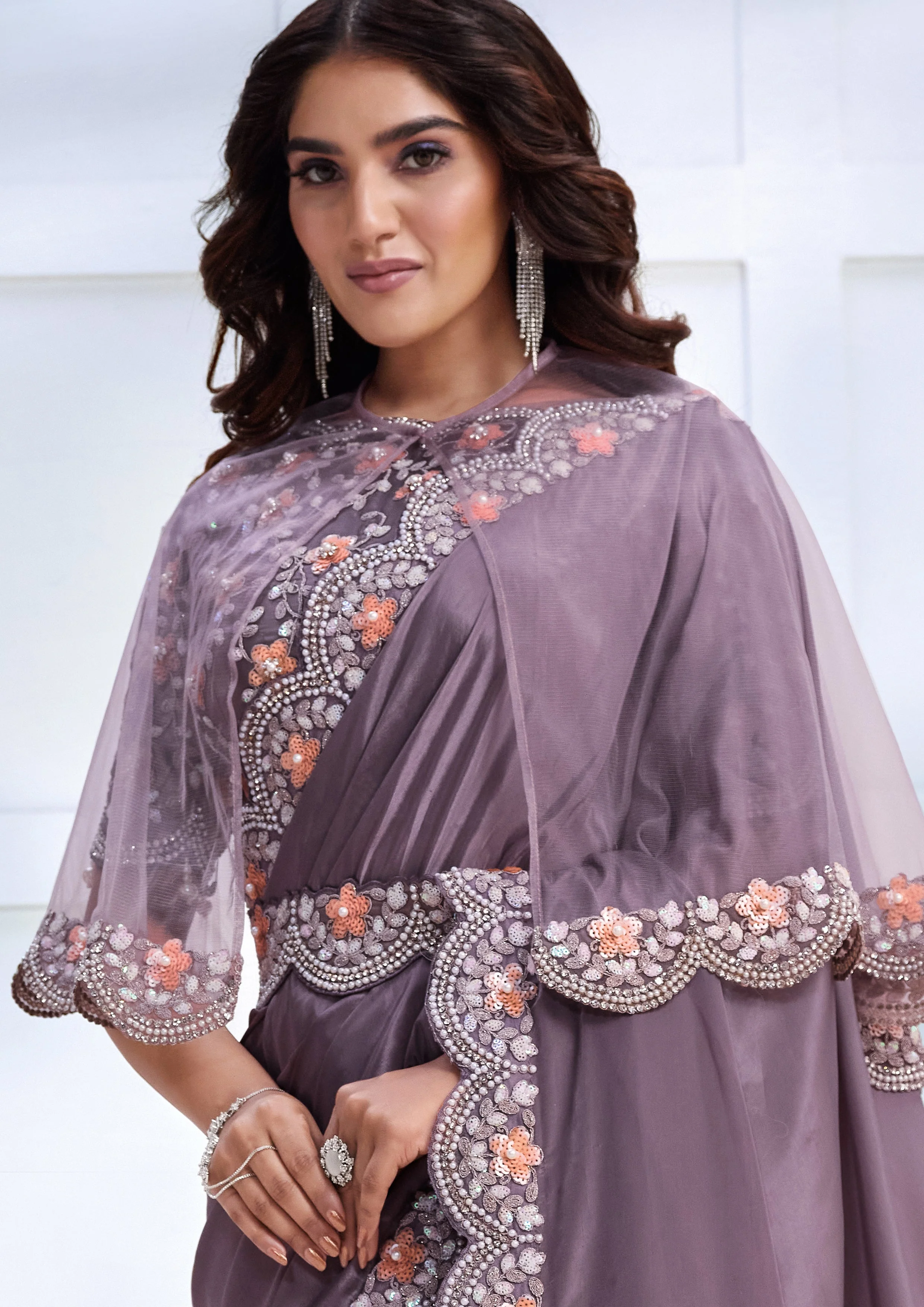 Wisteria Embellished Crepe Satin Silk Saree - Image 5