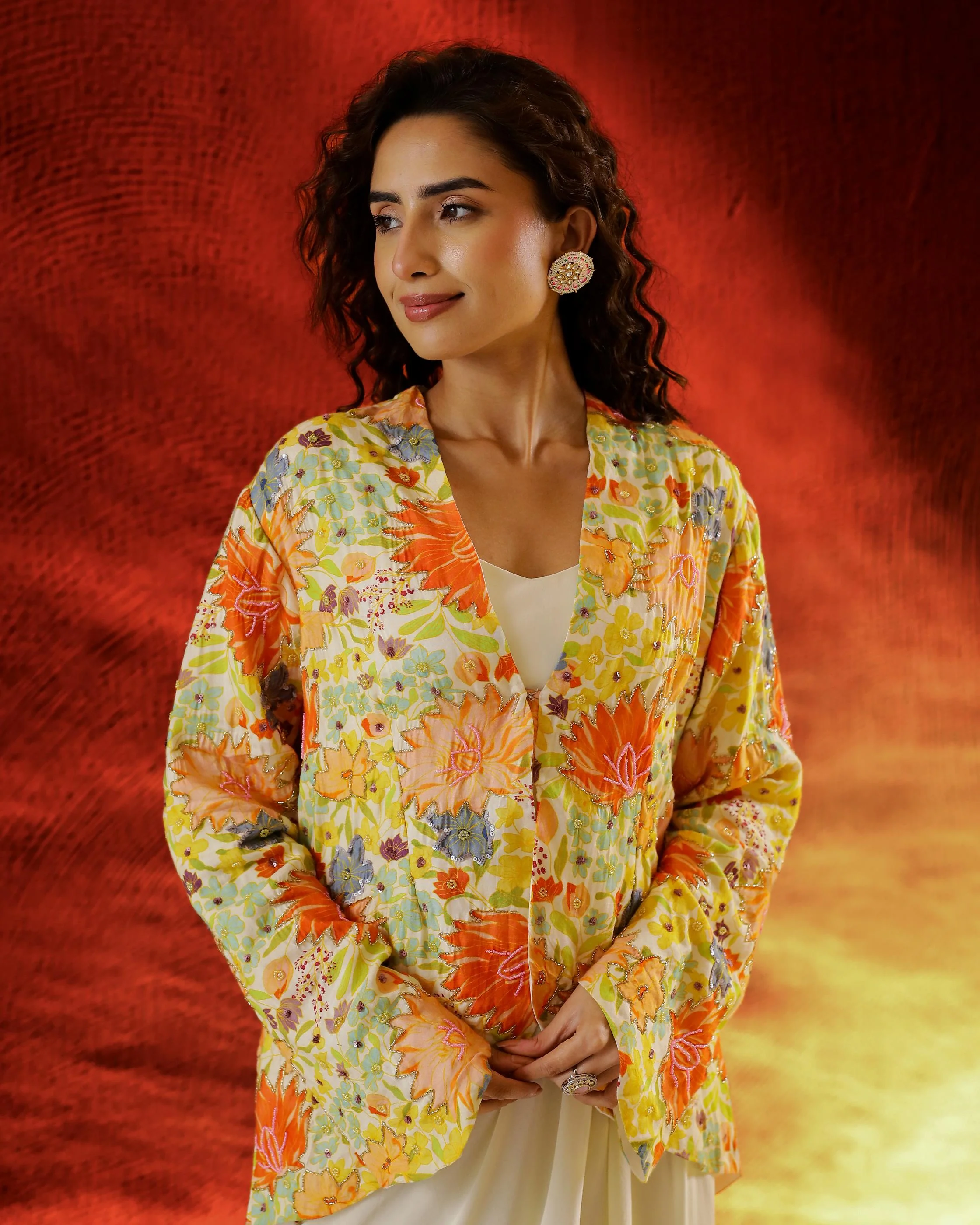 Yellow Embellished Italian Silk Jacket Cowl Dress - Image 2