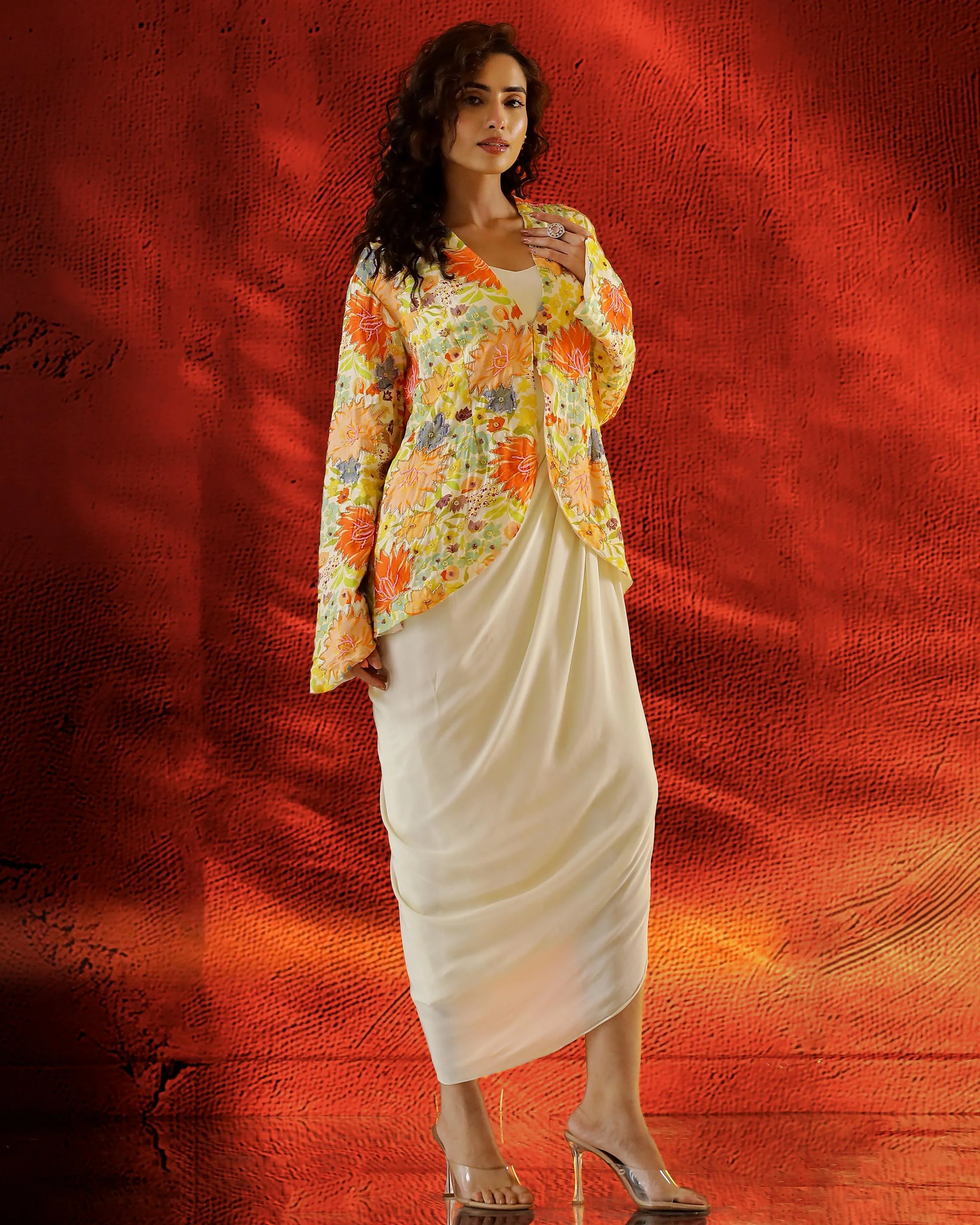 Yellow Embellished Italian Silk Jacket Cowl Dress - Image 3