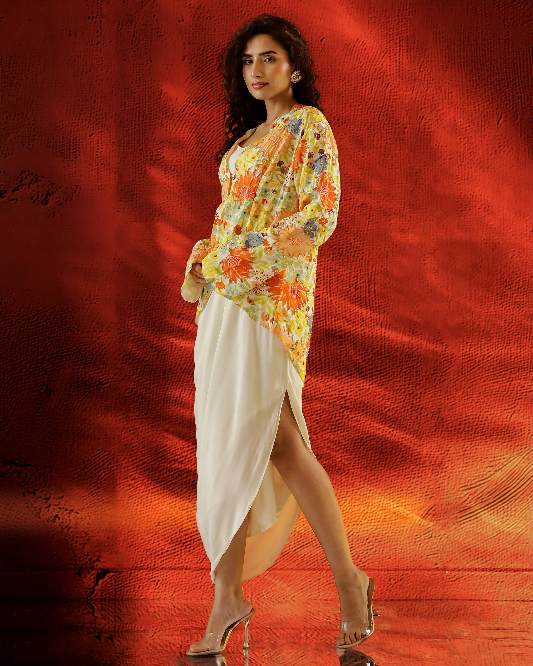 Yellow Embellished Italian Silk Jacket Cowl Dress - Image 4