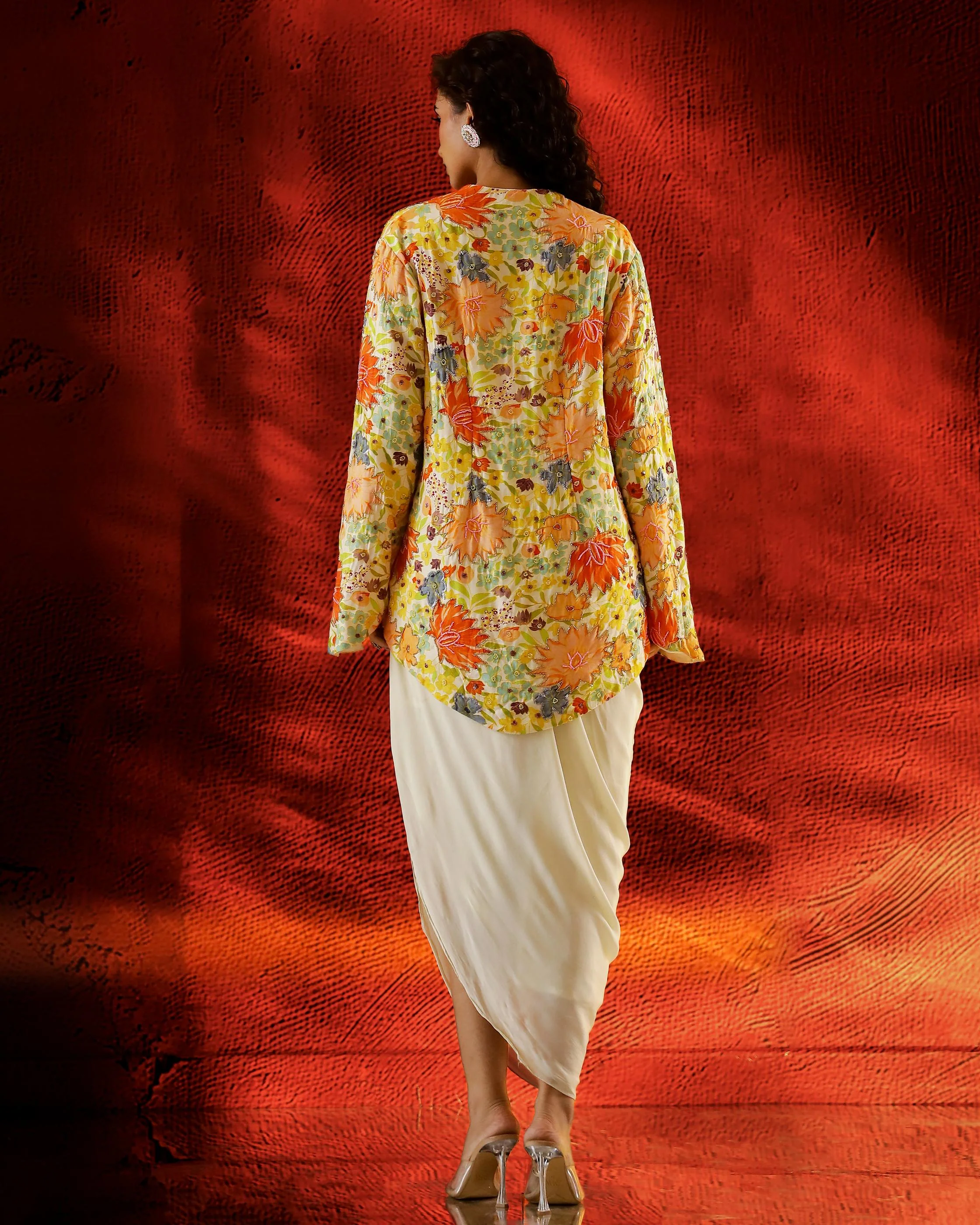 Yellow Embellished Italian Silk Jacket Cowl Dress - Image 5