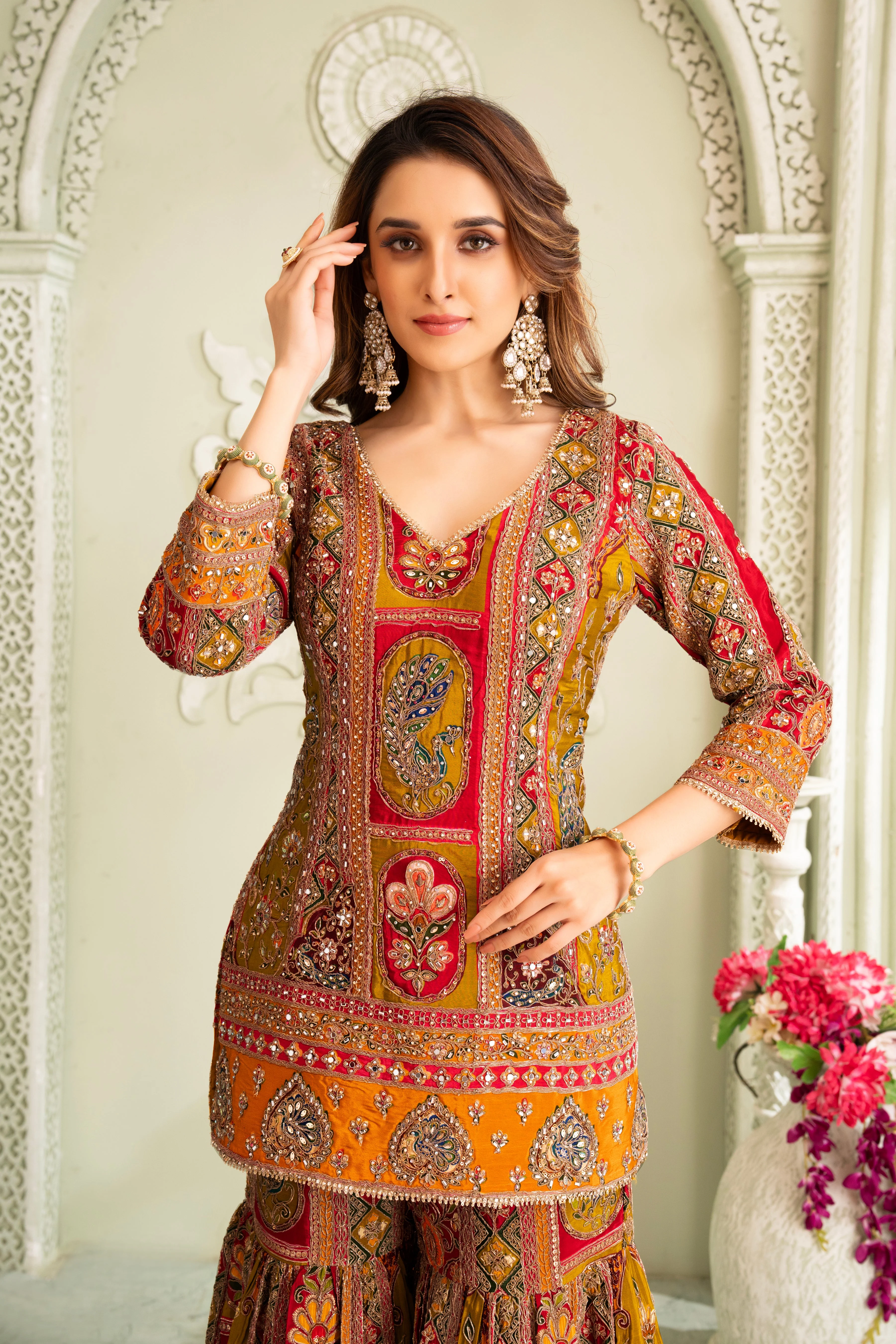Multicolor Traditional Handwork Sharara Set - Image 3