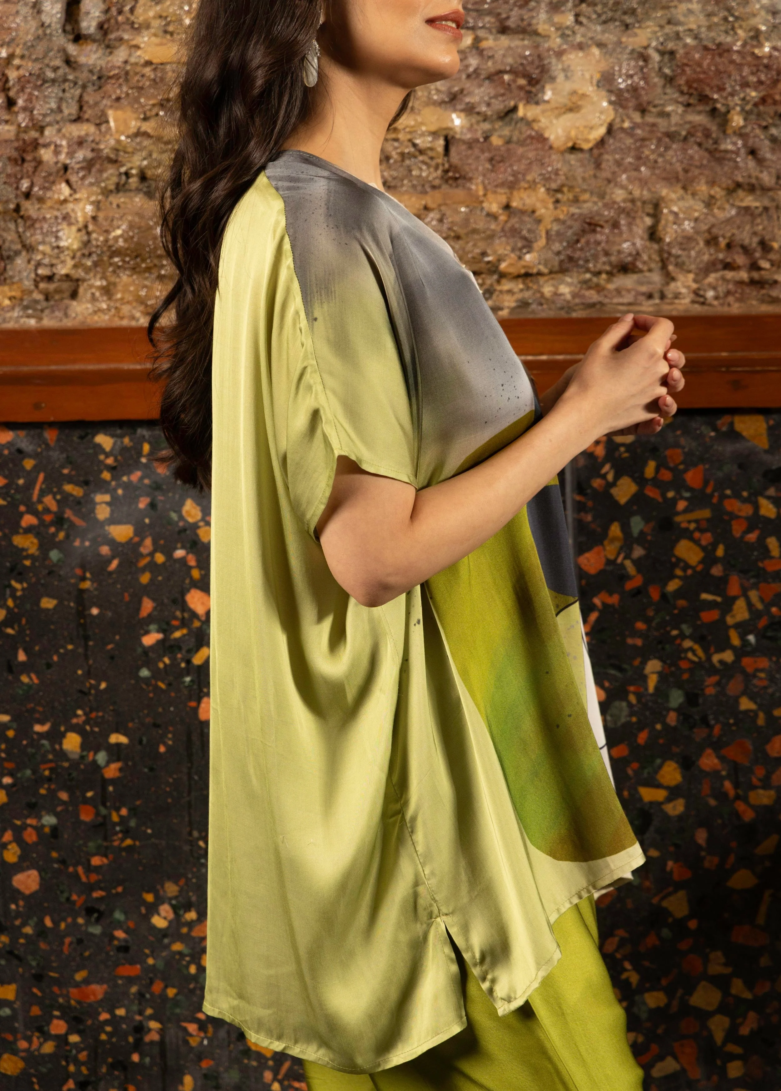 Olive Green Abstract Print Satin Silk Kaftan Set - Image 2