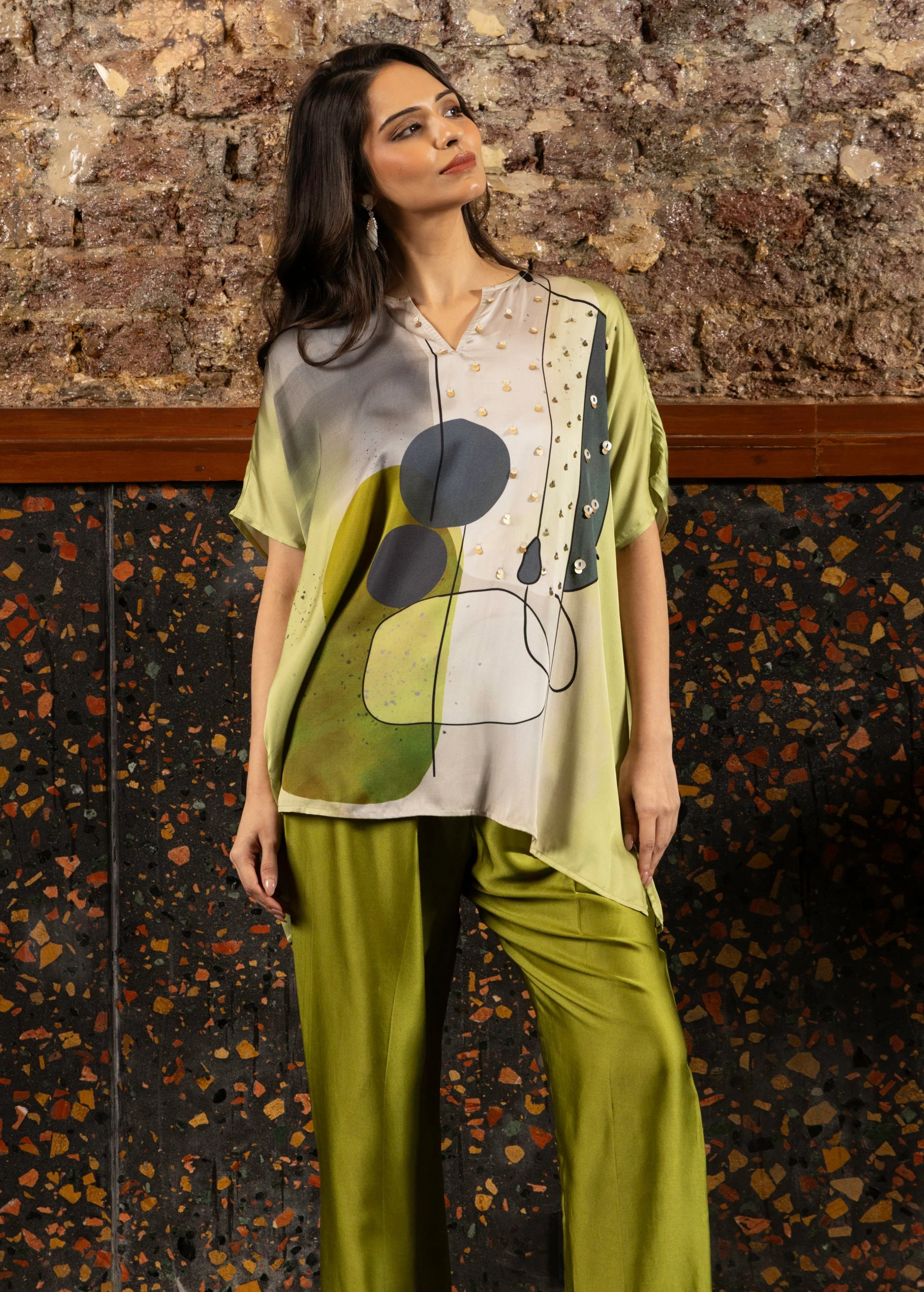 Olive Green Abstract Print Satin Silk Kaftan Set - Image 3
