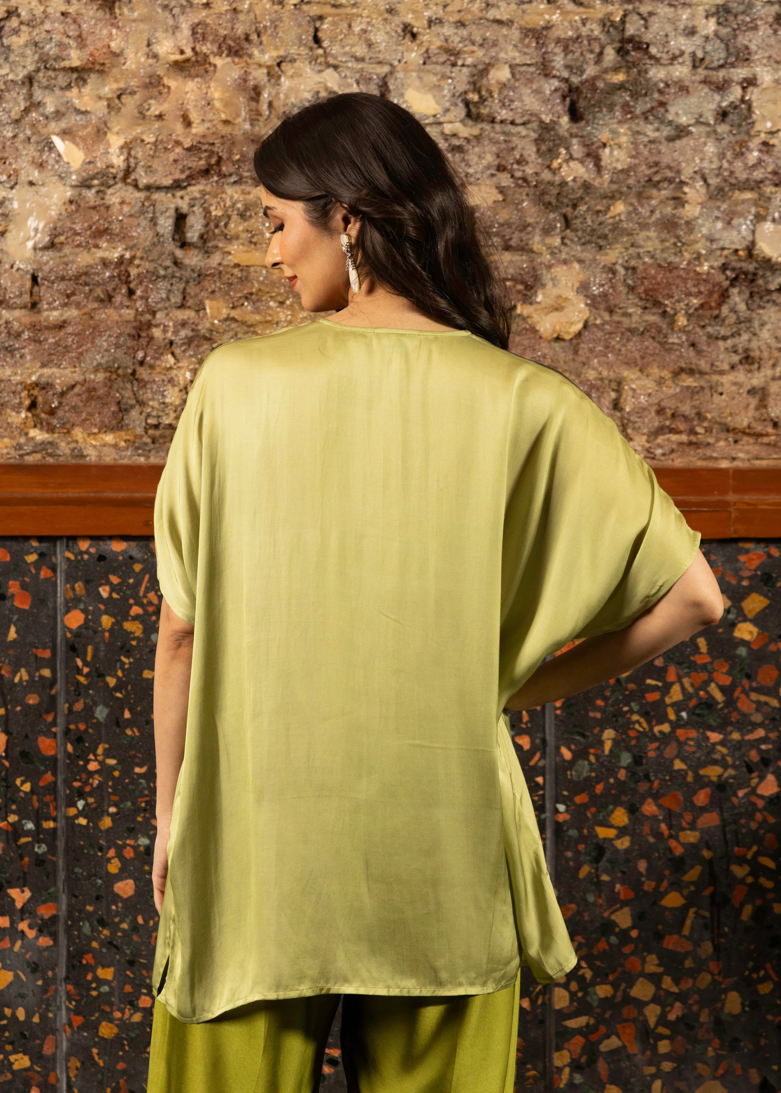 Olive Green Abstract Print Satin Silk Kaftan Set - Image 4