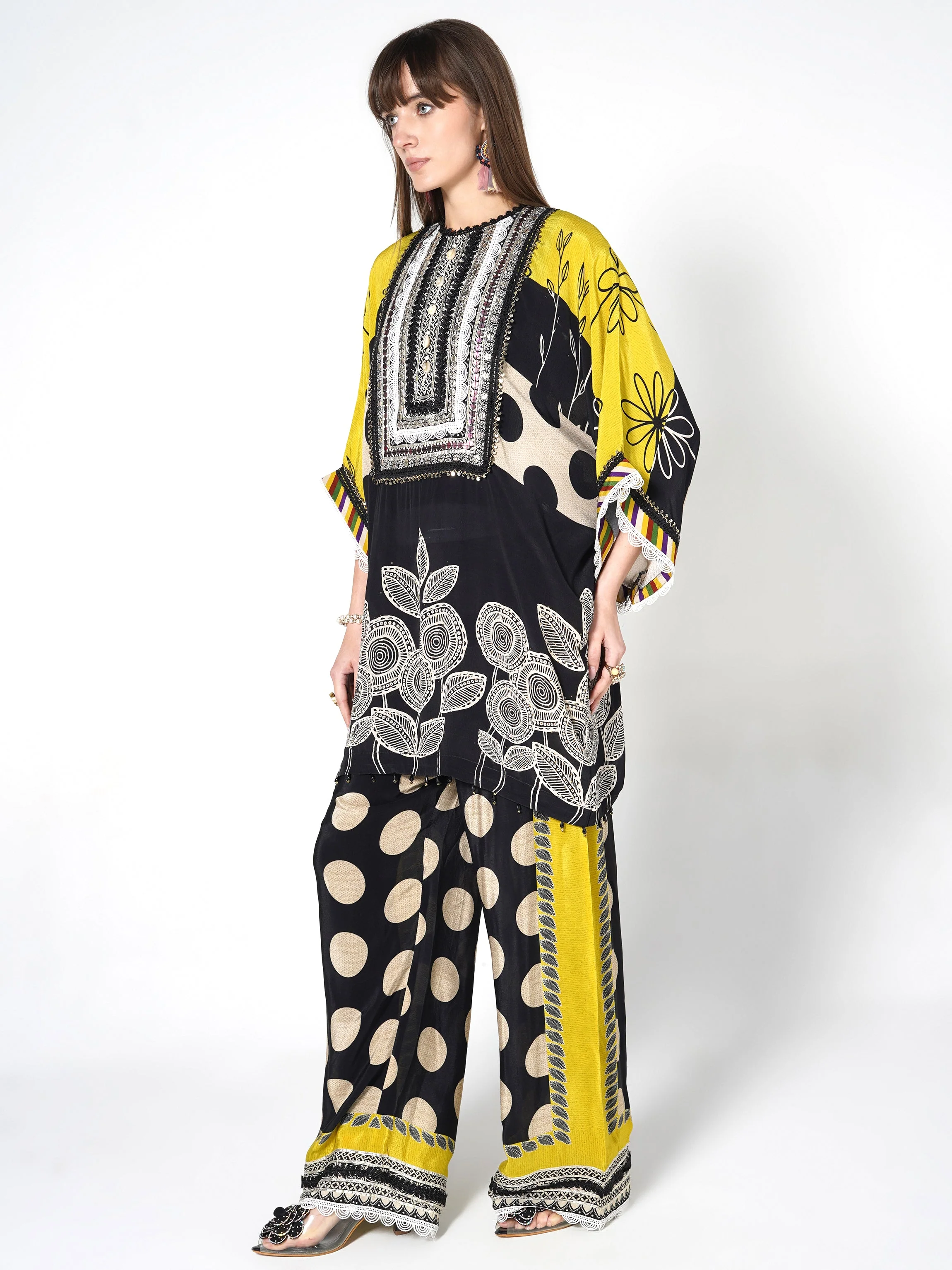 Yellow Black Printed Polka Crepe Silk Co-Ord Set - Image 3