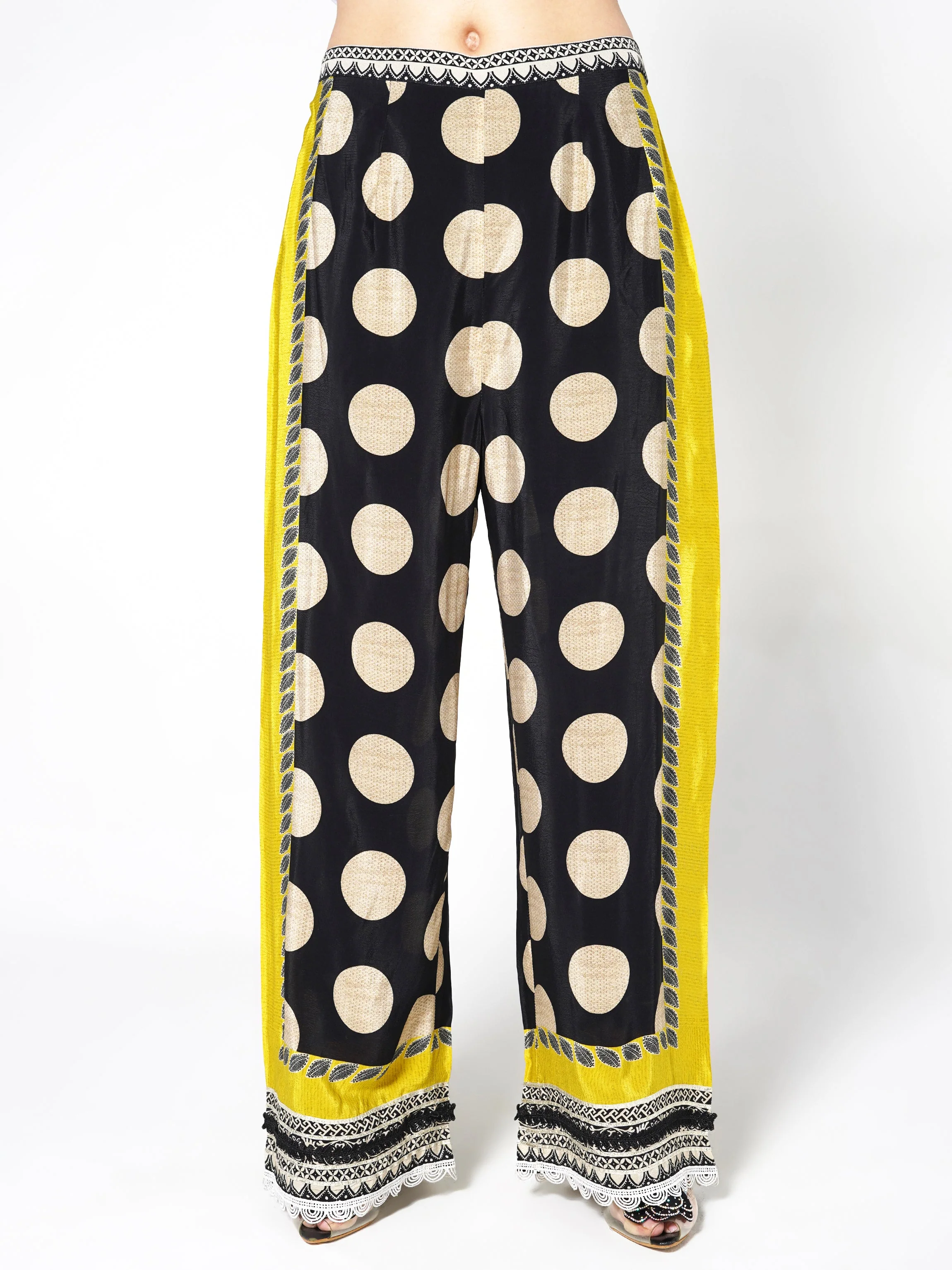 Yellow Black Printed Polka Crepe Silk Co-Ord Set - Image 4