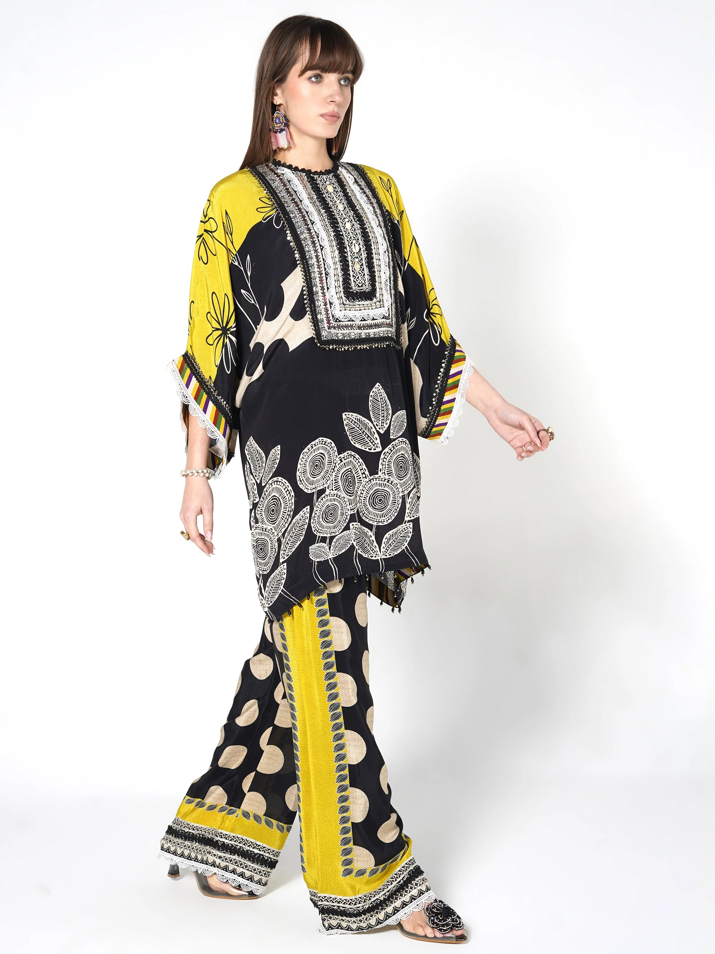 Yellow Black Printed Polka Crepe Silk Co-Ord Set - Image 5