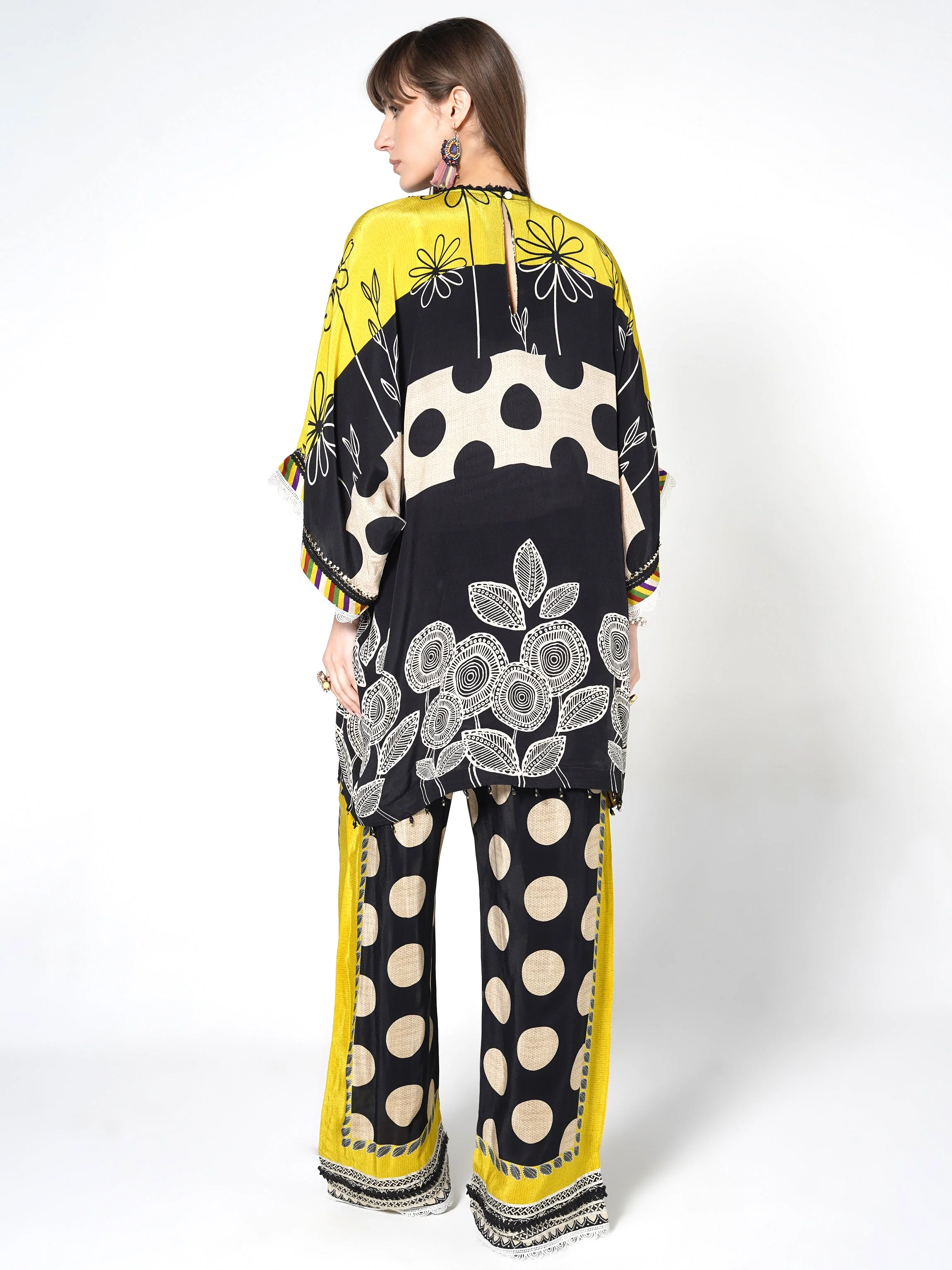 Yellow Black Printed Polka Crepe Silk Co-Ord Set - Image 6