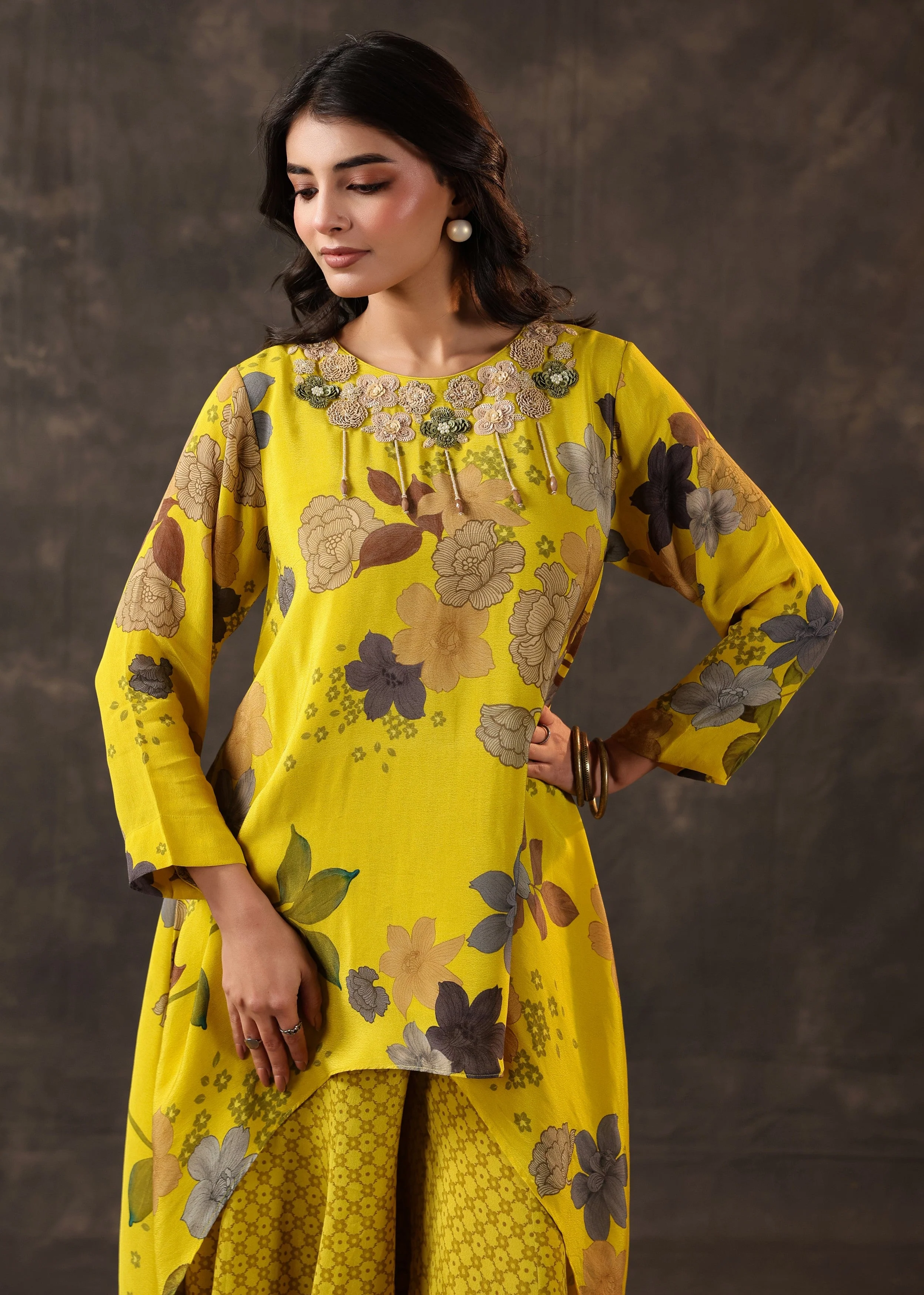 Yellow Bloom Printed Crepe Silk Palazzo Set - Image 3
