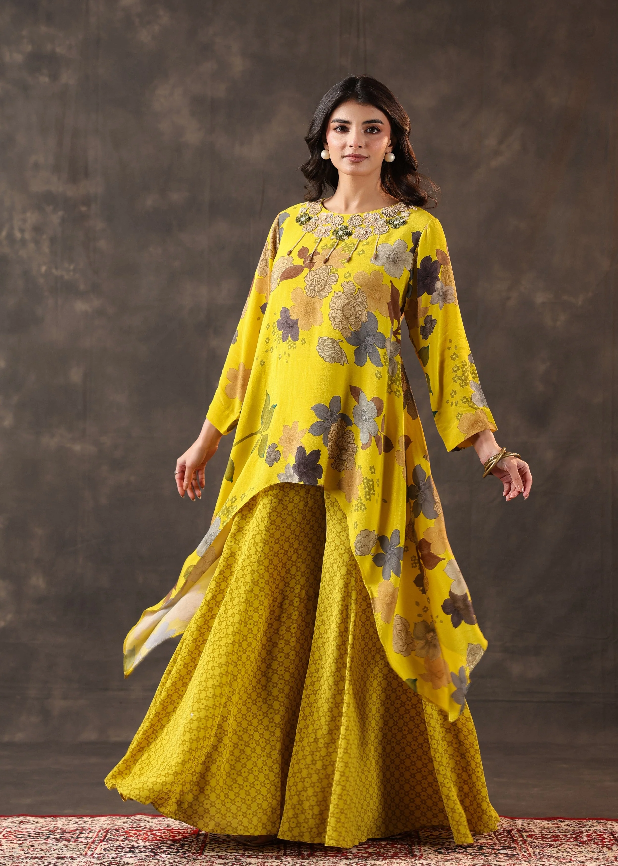 Yellow Bloom Printed Crepe Silk Palazzo Set - Image 4