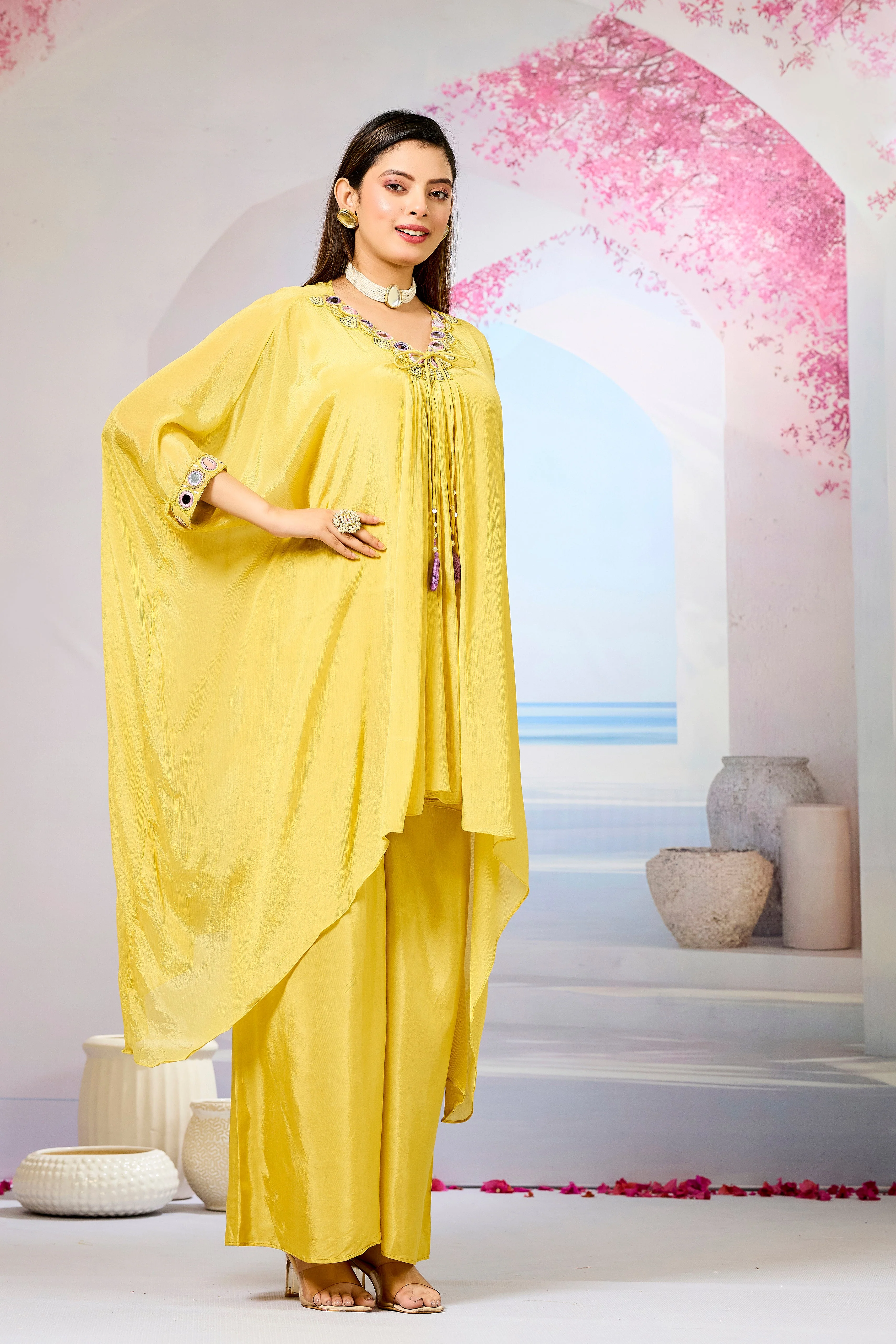 Yellow Embellished Chinon Silk Kaftan Set - Image 3