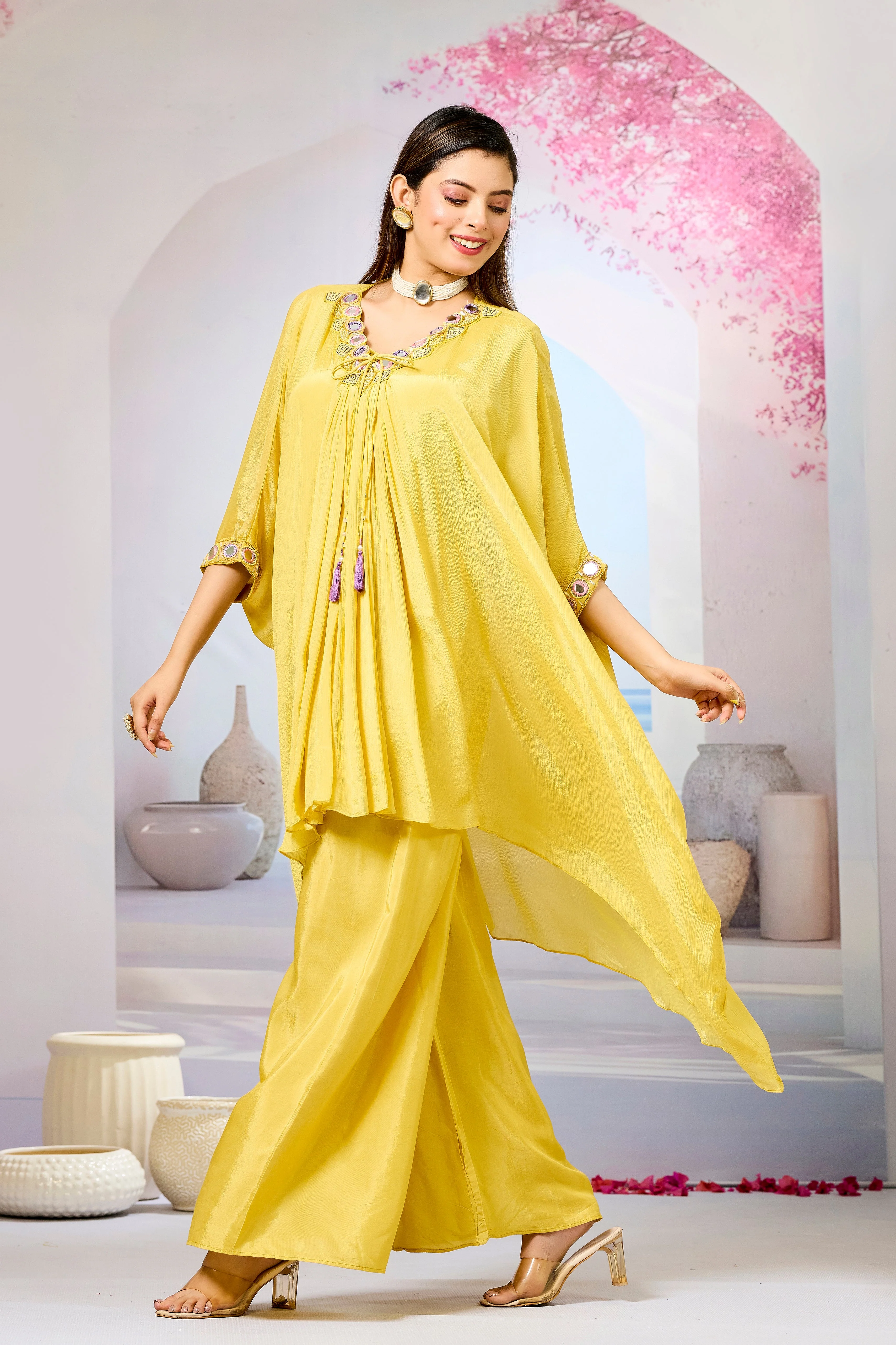 Yellow Embellished Chinon Silk Kaftan Set - Image 4