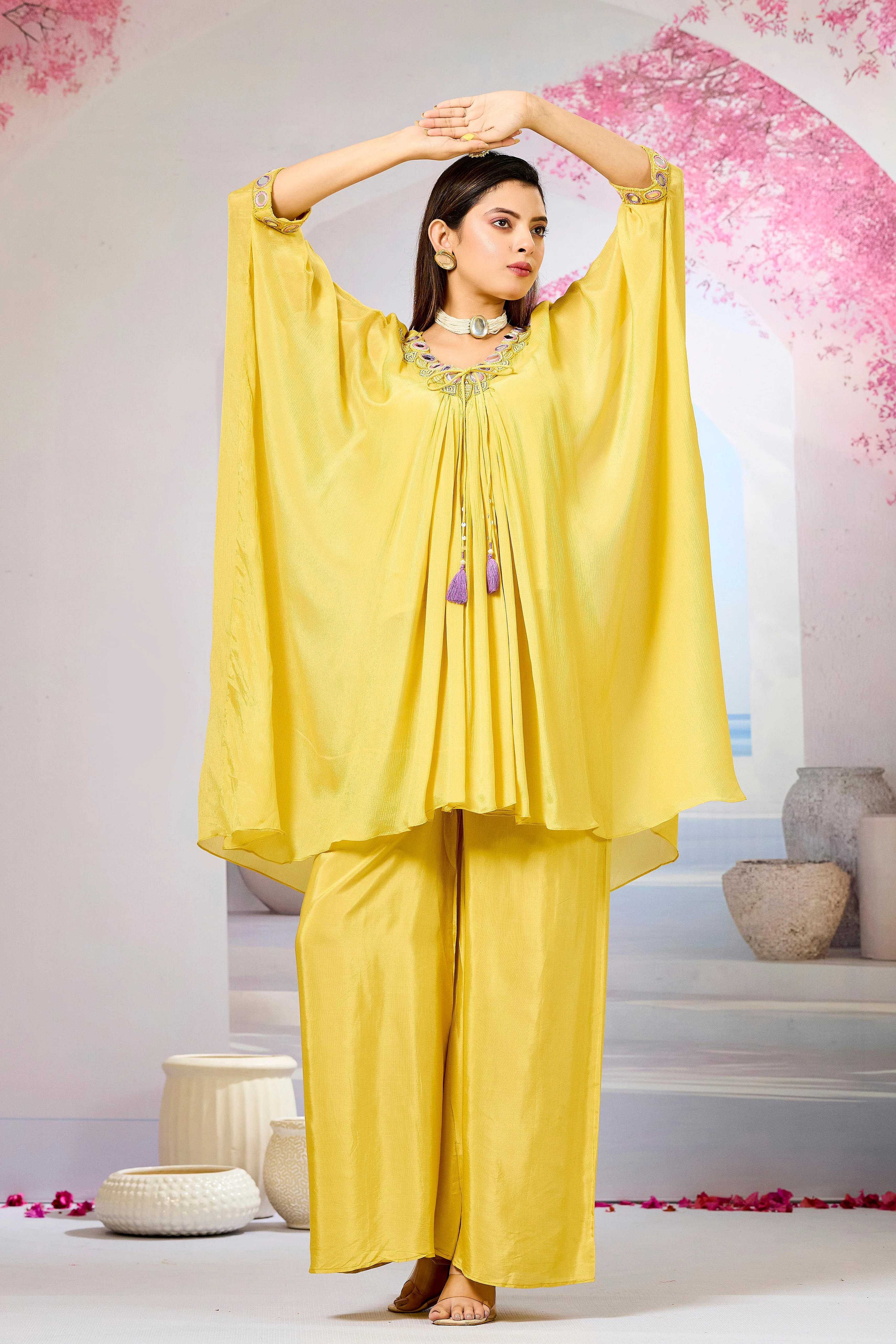 Yellow Embellished Chinon Silk Kaftan Set - Image 5
