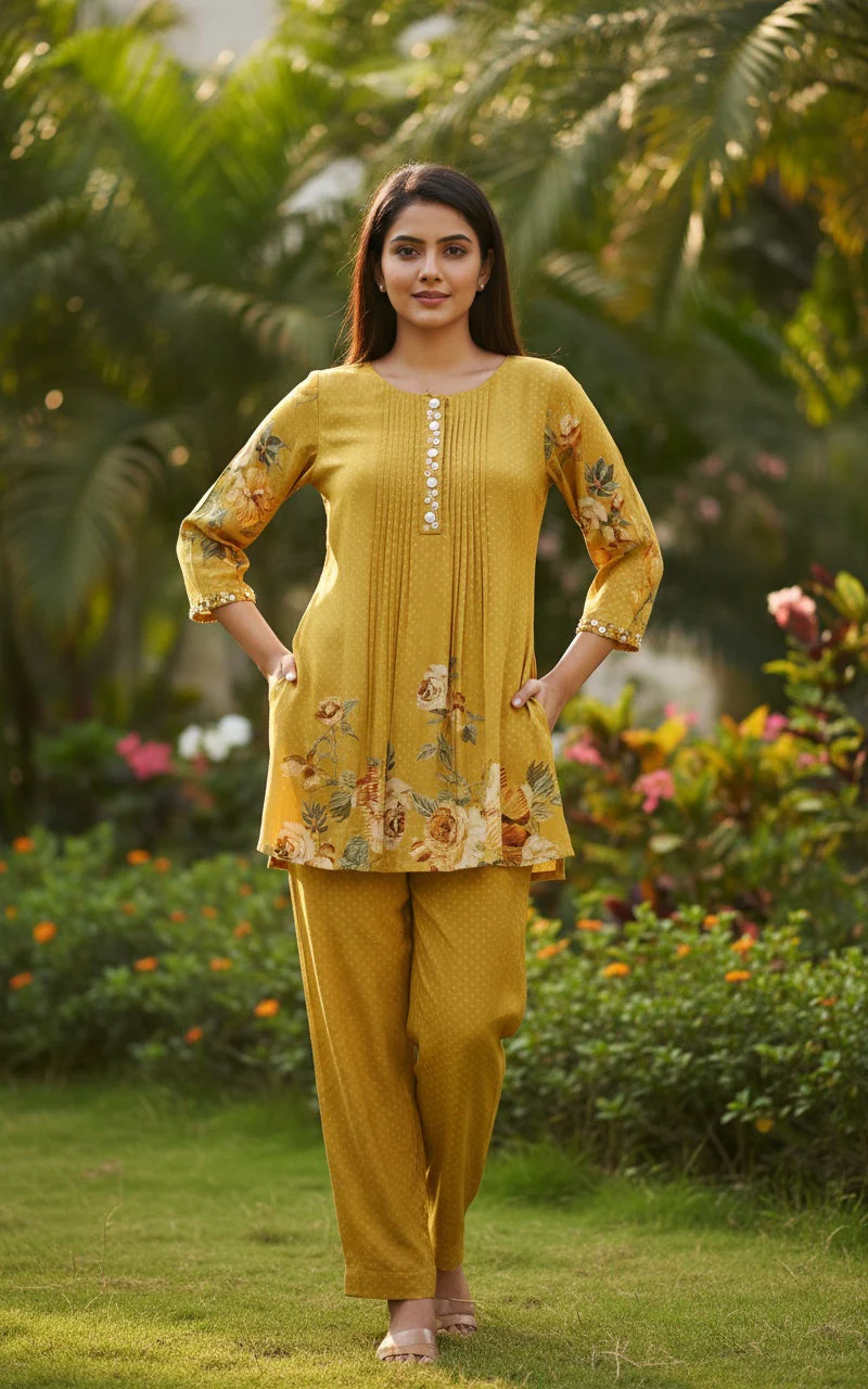 Mustard Yellow Floral Printed Crepe Silk Co-ord Set