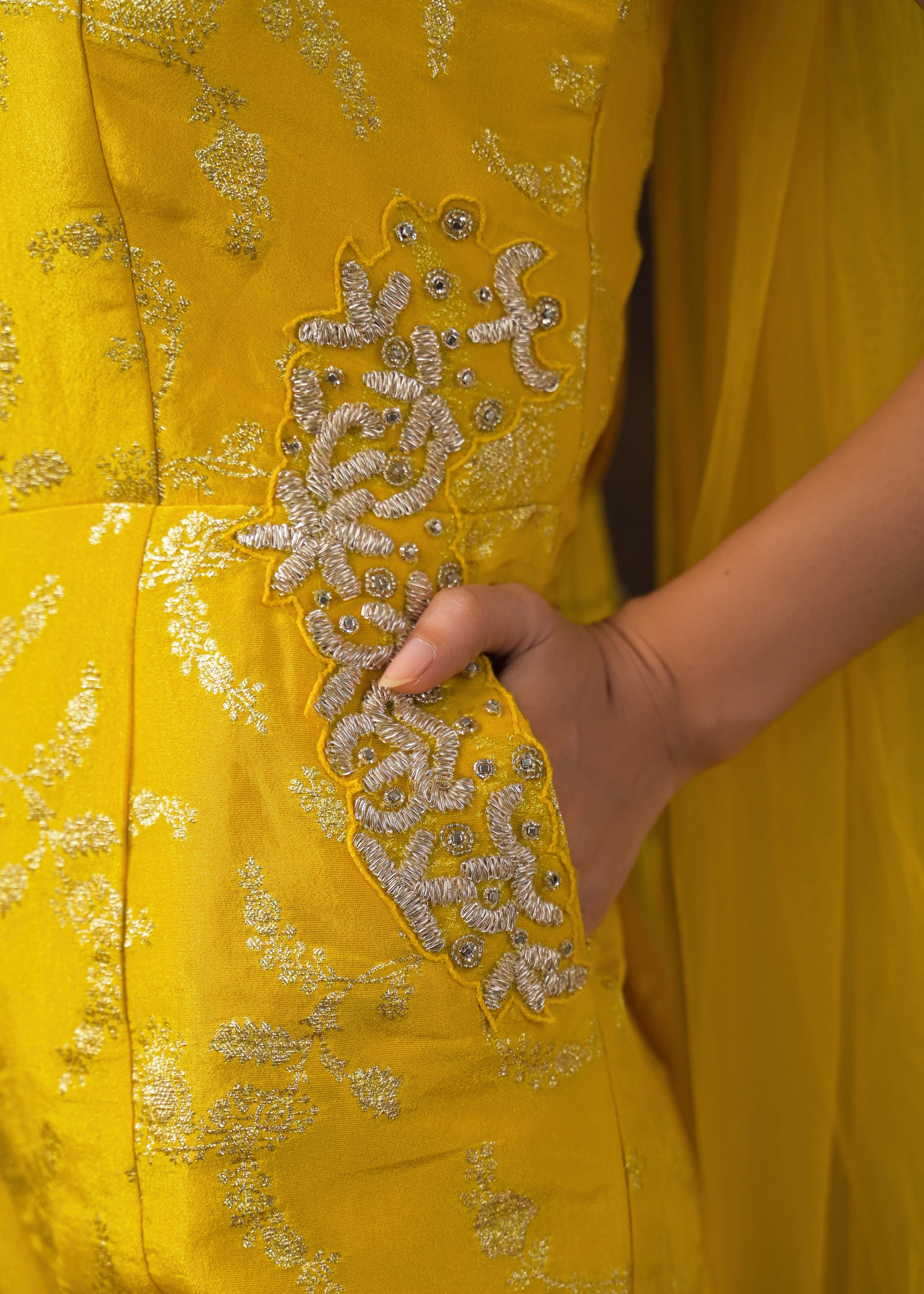 Canary Yellow Embellished Brocade Silk Jumpsuit Set - Image 3
