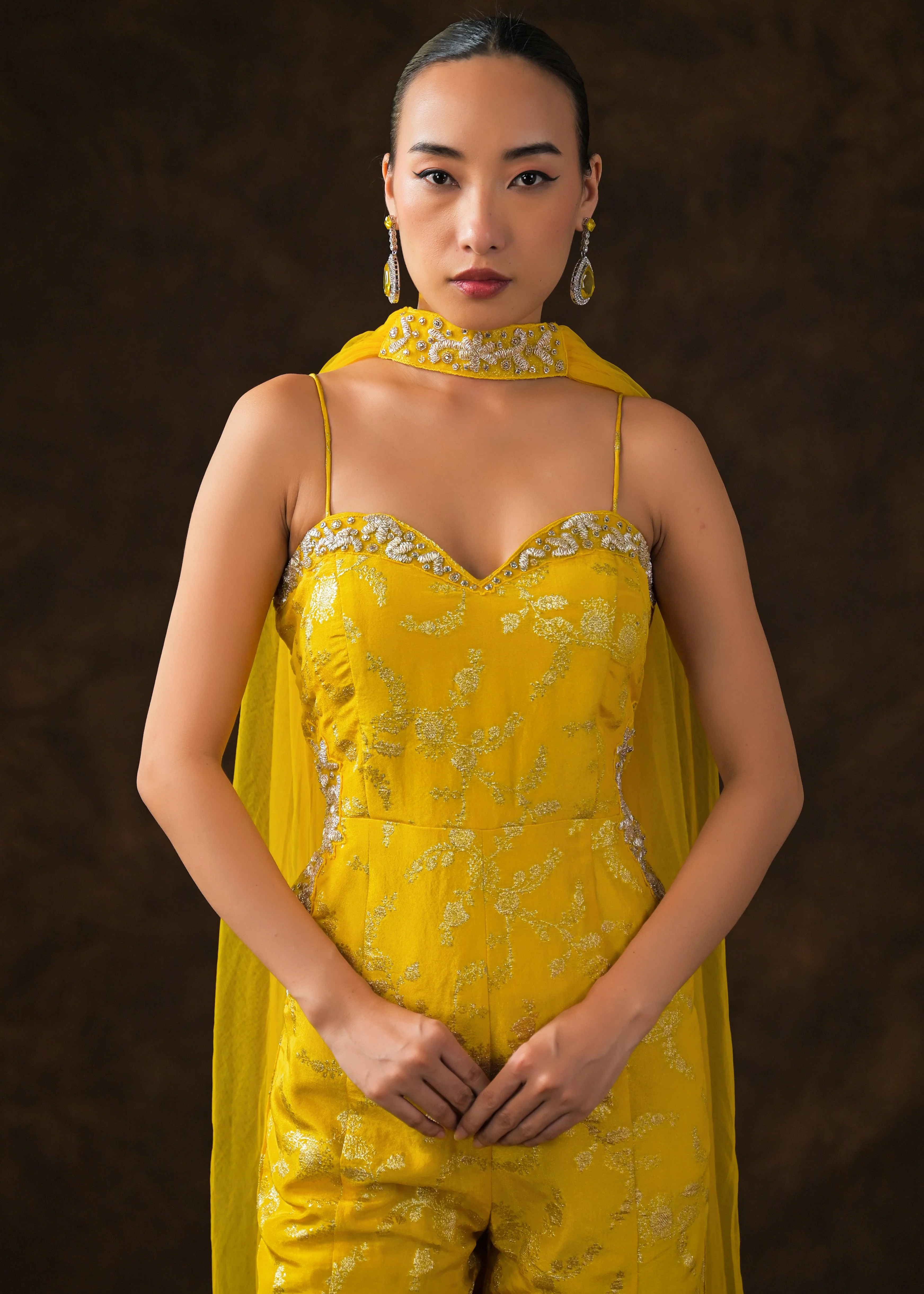 Canary Yellow Embellished Brocade Silk Jumpsuit Set - Image 4
