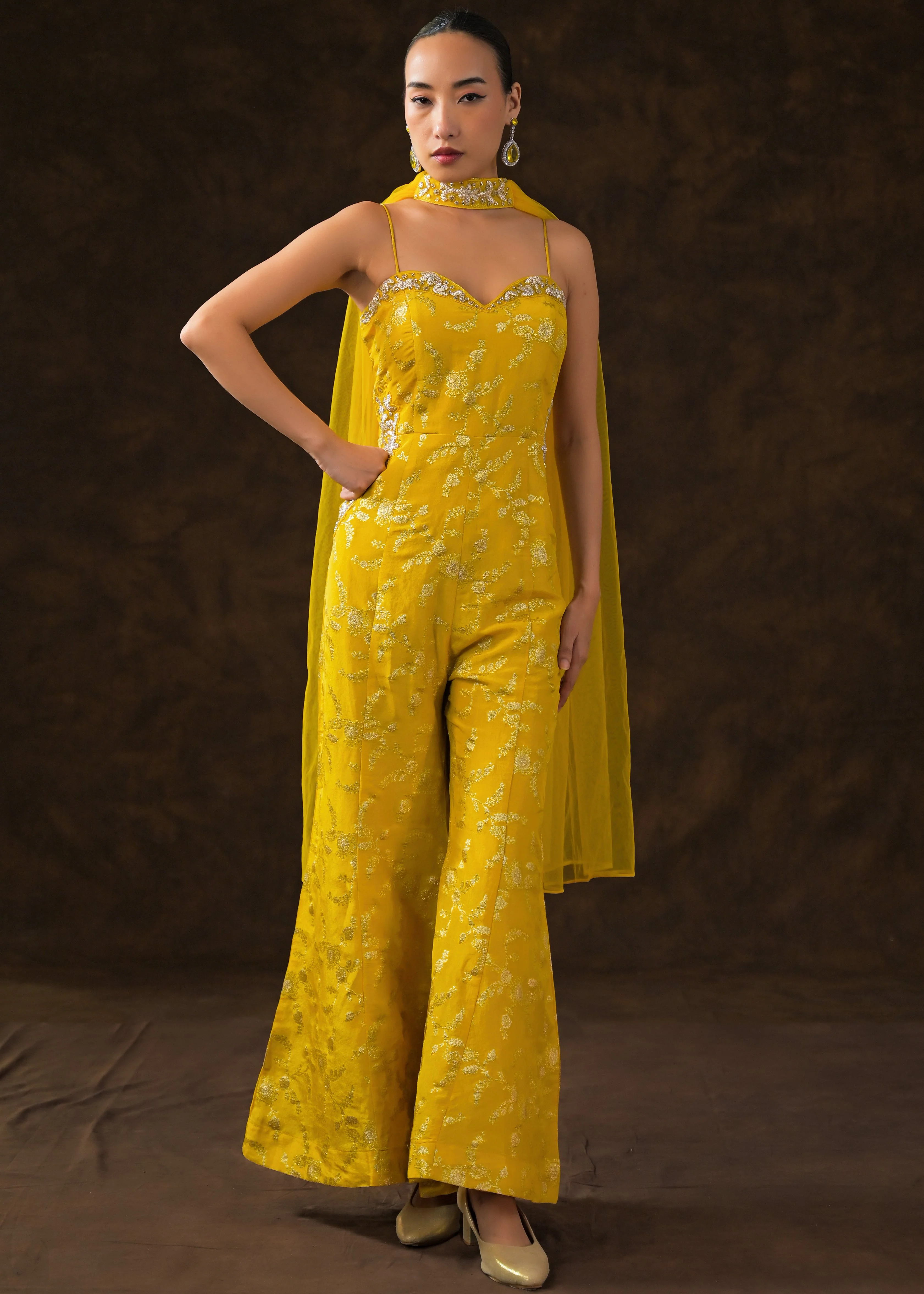Canary Yellow Embellished Brocade Silk Jumpsuit Set - Image 5