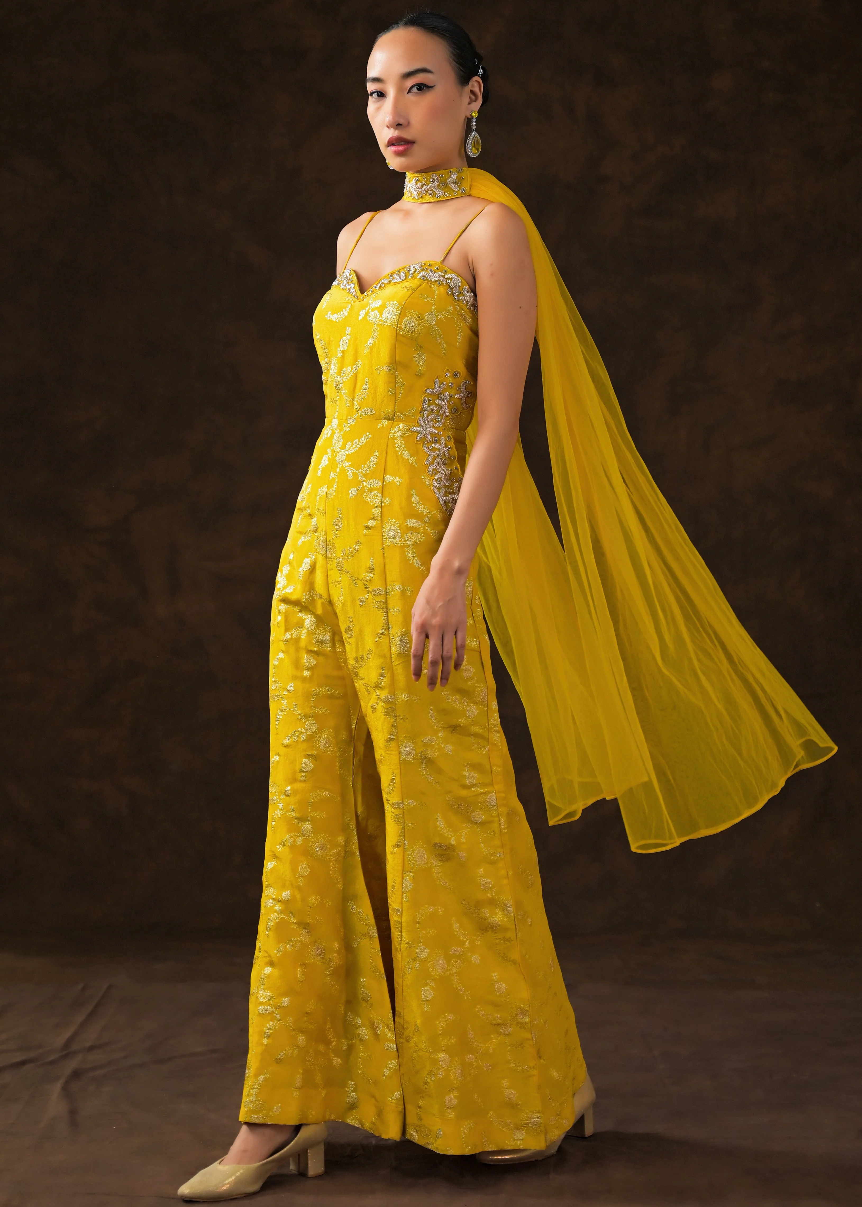Canary Yellow Embellished Brocade Silk Jumpsuit Set - Image 6