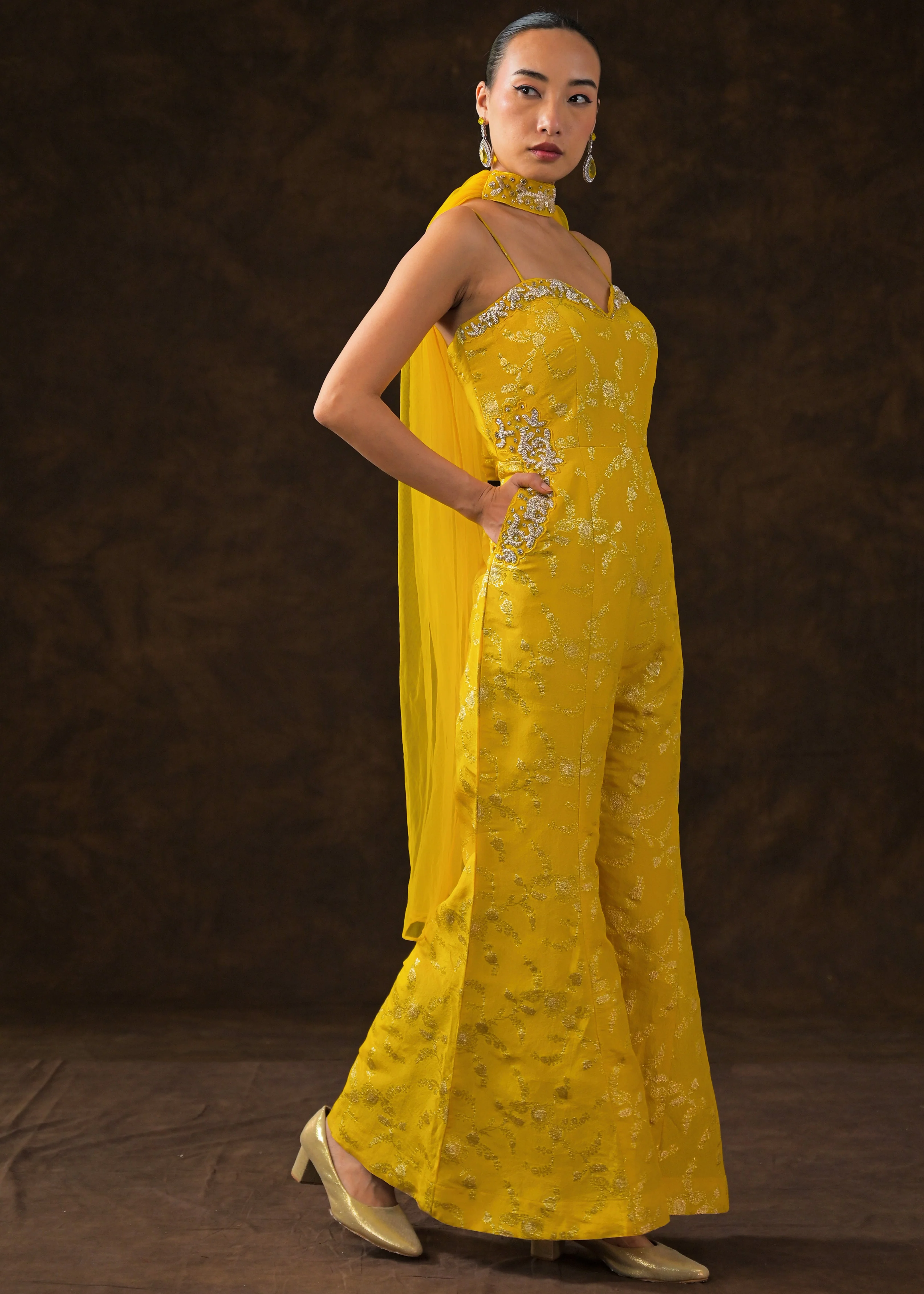 Canary Yellow Embellished Brocade Silk Jumpsuit Set - Image 7