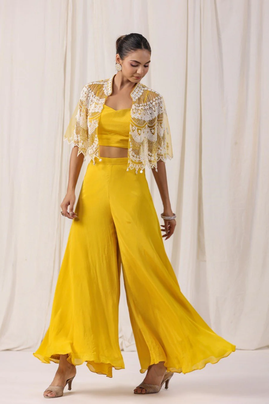 Yellow Embellished Cape with Crop Top & Palazzo - Image 3