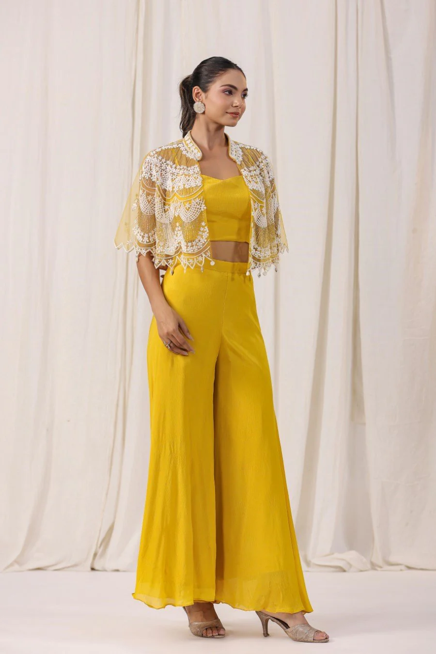 Yellow Embellished Cape with Crop Top & Palazzo - Image 4