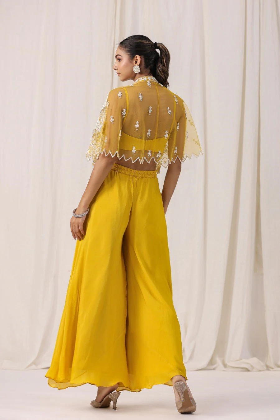 Yellow Embellished Cape with Crop Top & Palazzo - Image 5